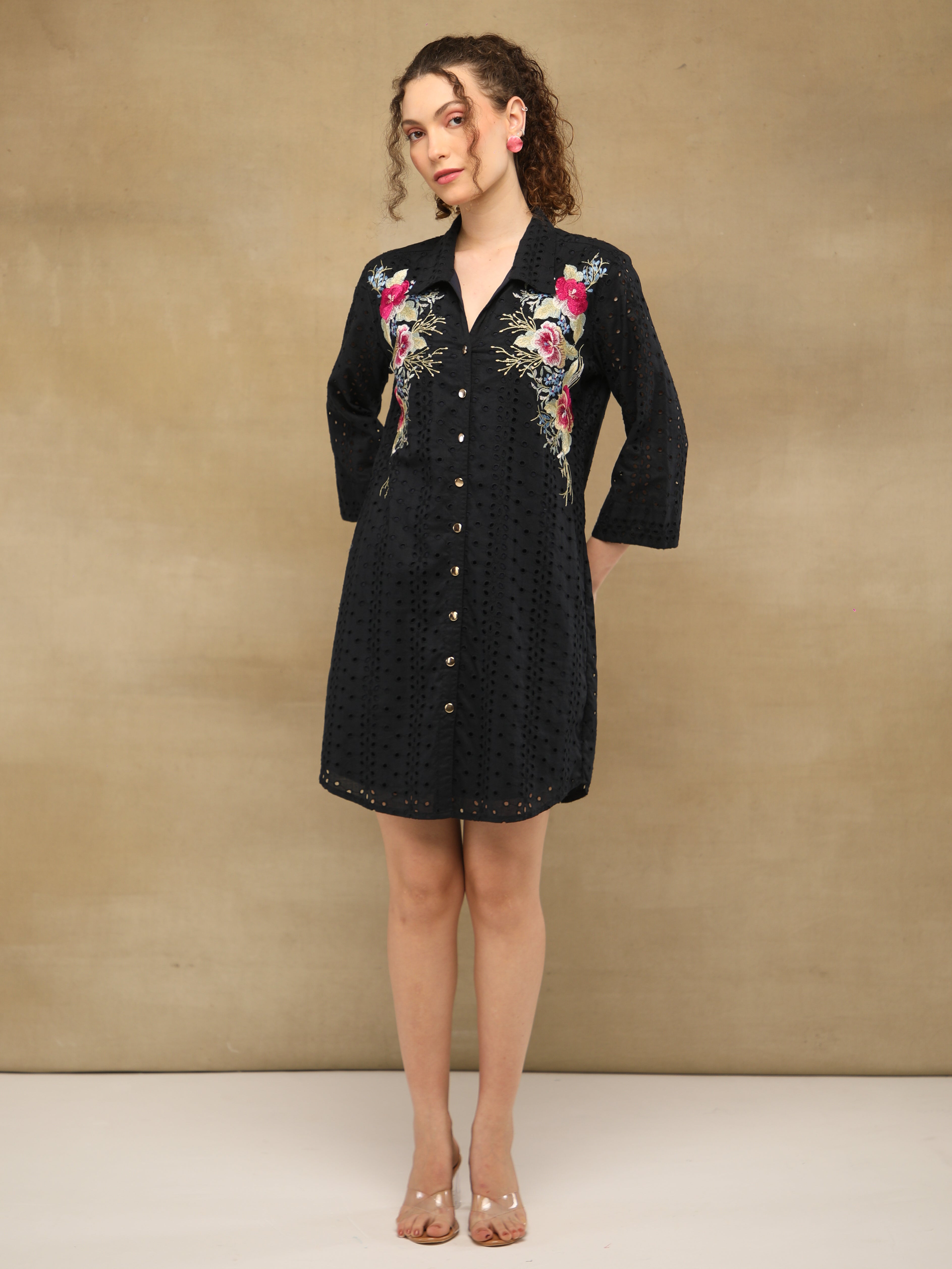 Schiffli Embroidered Shirt Black Dress