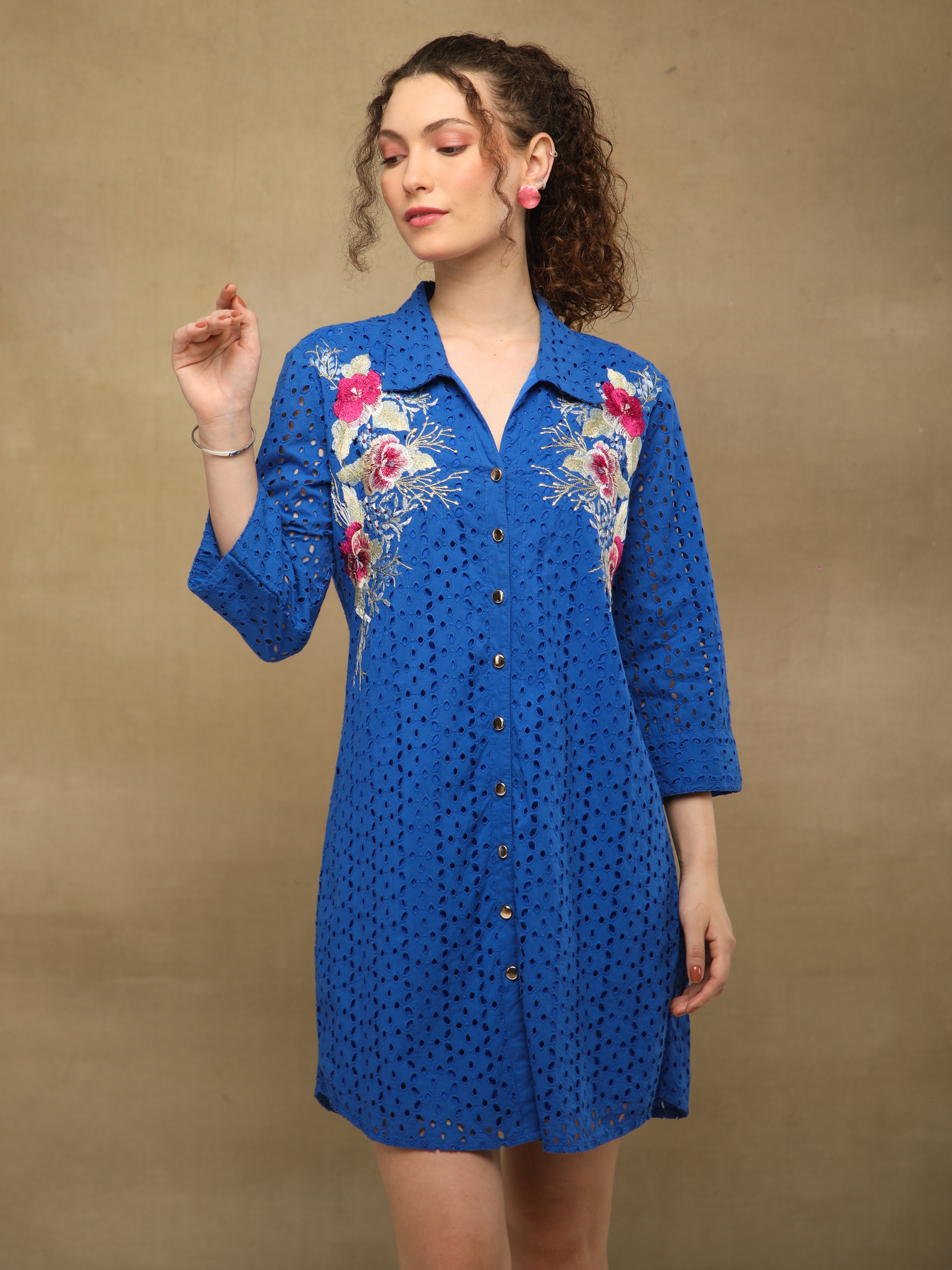 Schiffli Embroidered Shirt Royal Blue Dress