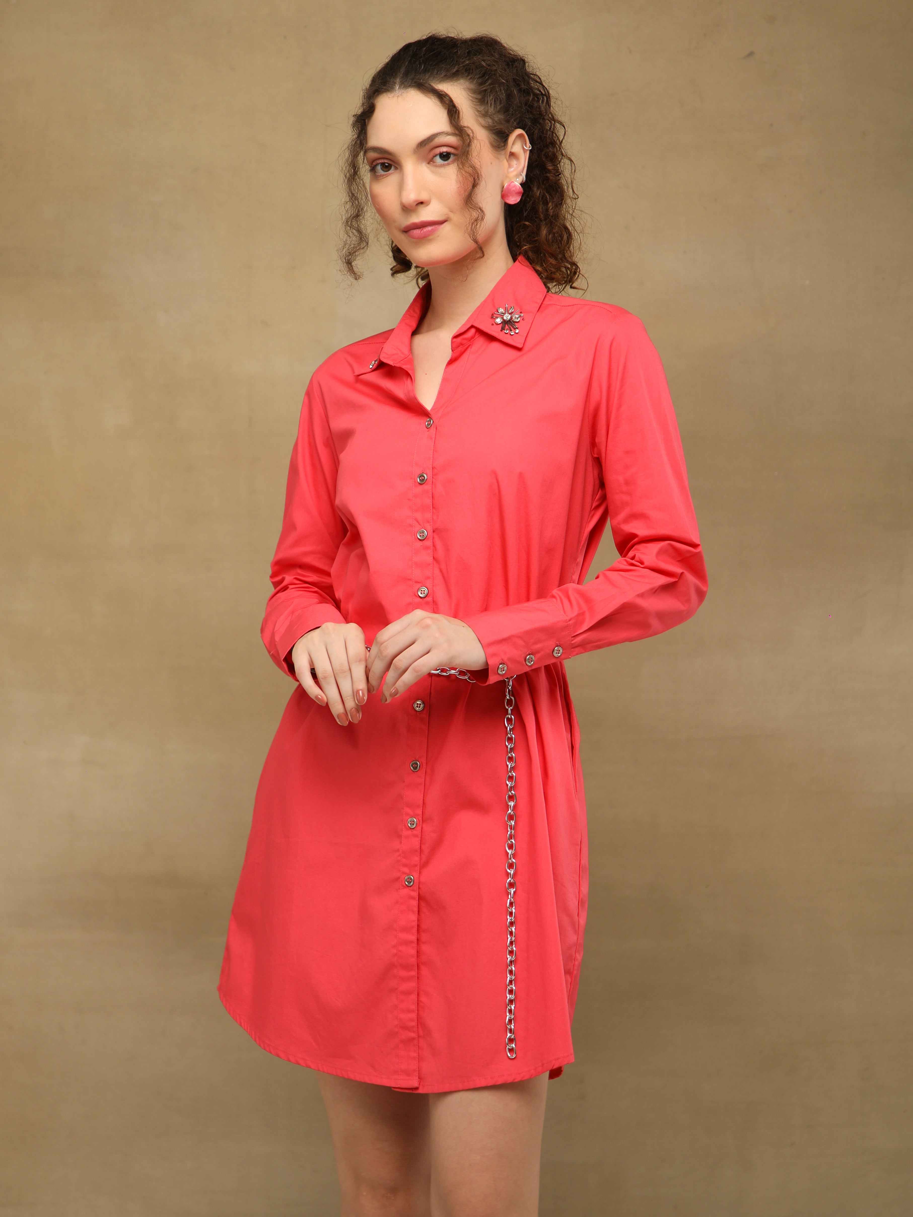 Rhinestone Collar Coral Shirt Dress