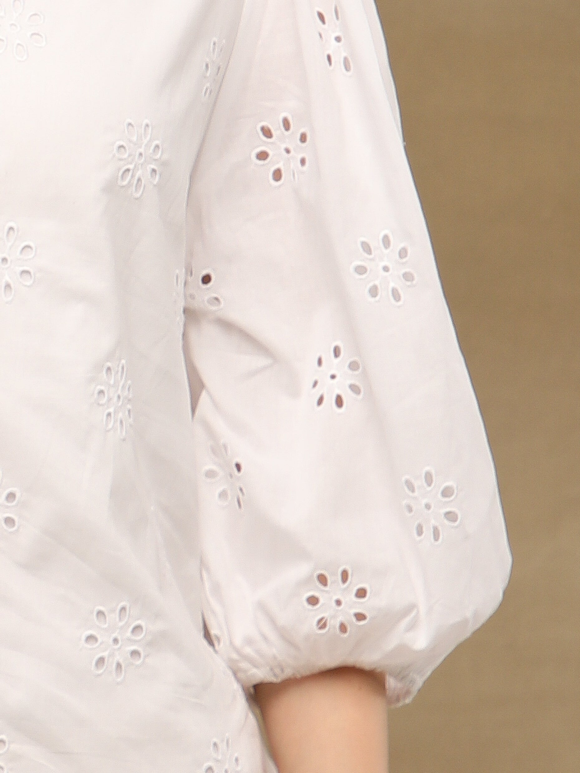 White Cotton Schiffli Puff Sleeve Dress