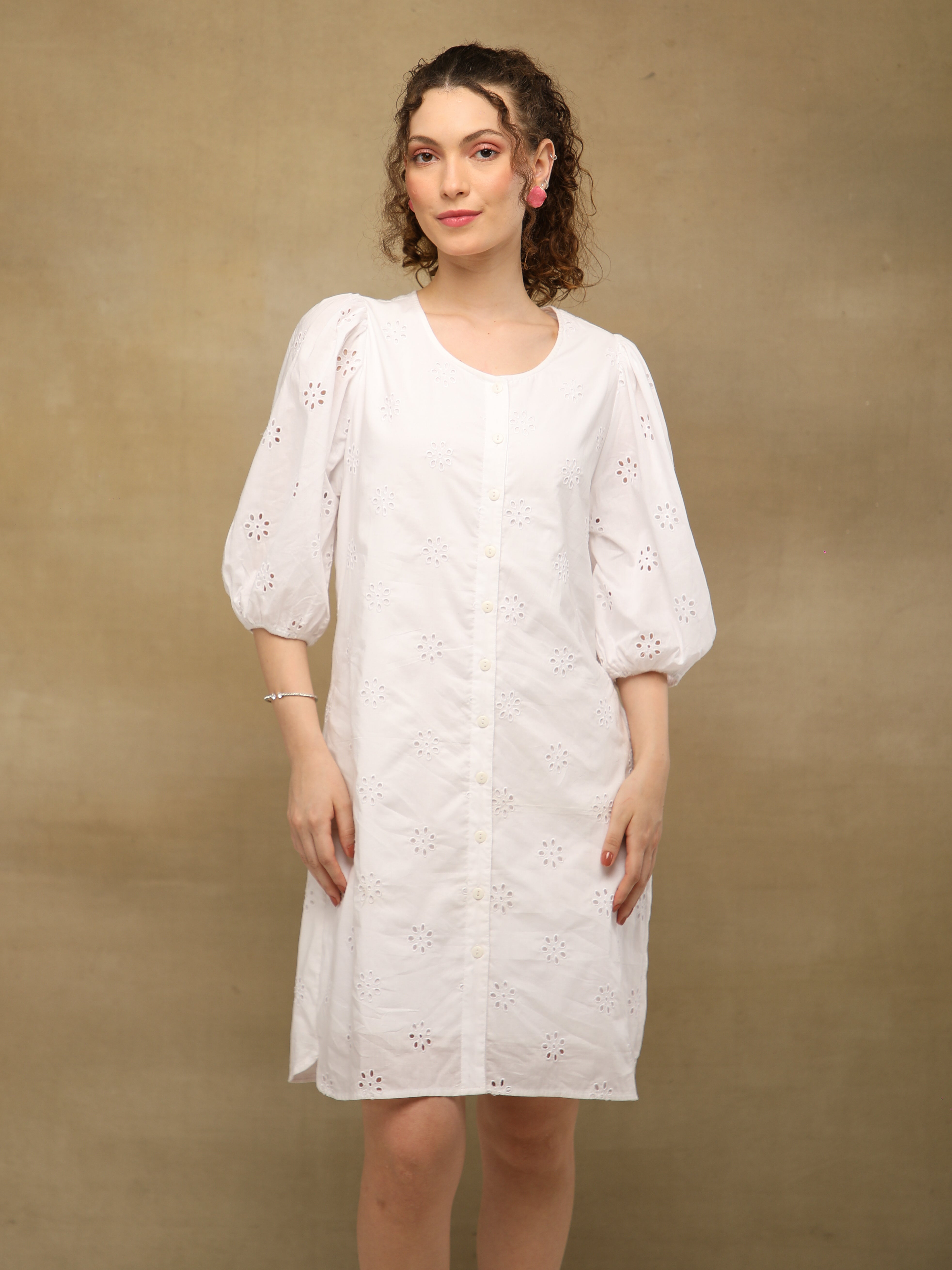 White Cotton Schiffli Puff Sleeve Dress