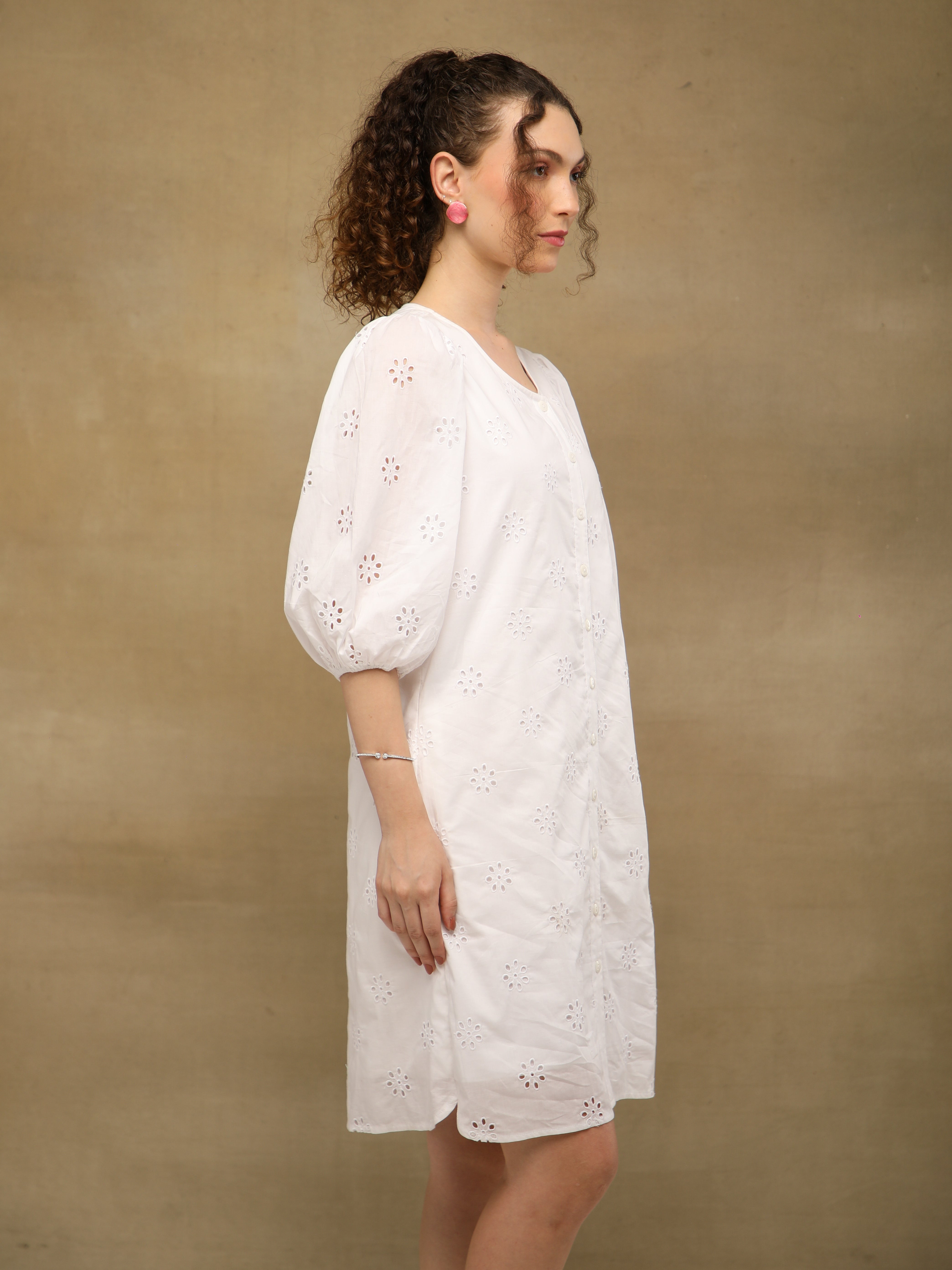 White Cotton Schiffli Puff Sleeve Dress