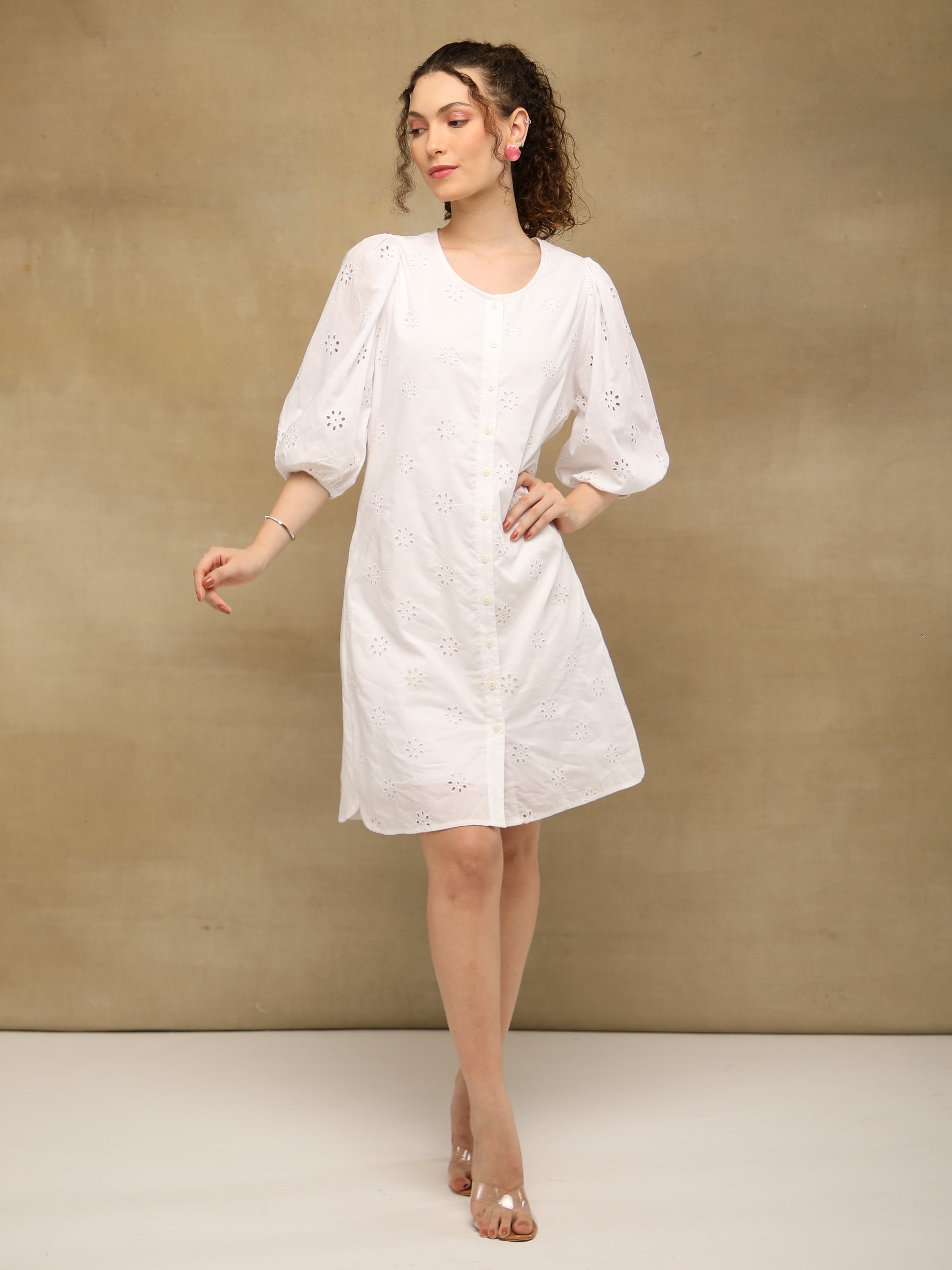 White Cotton Schiffli Puff Sleeve Dress