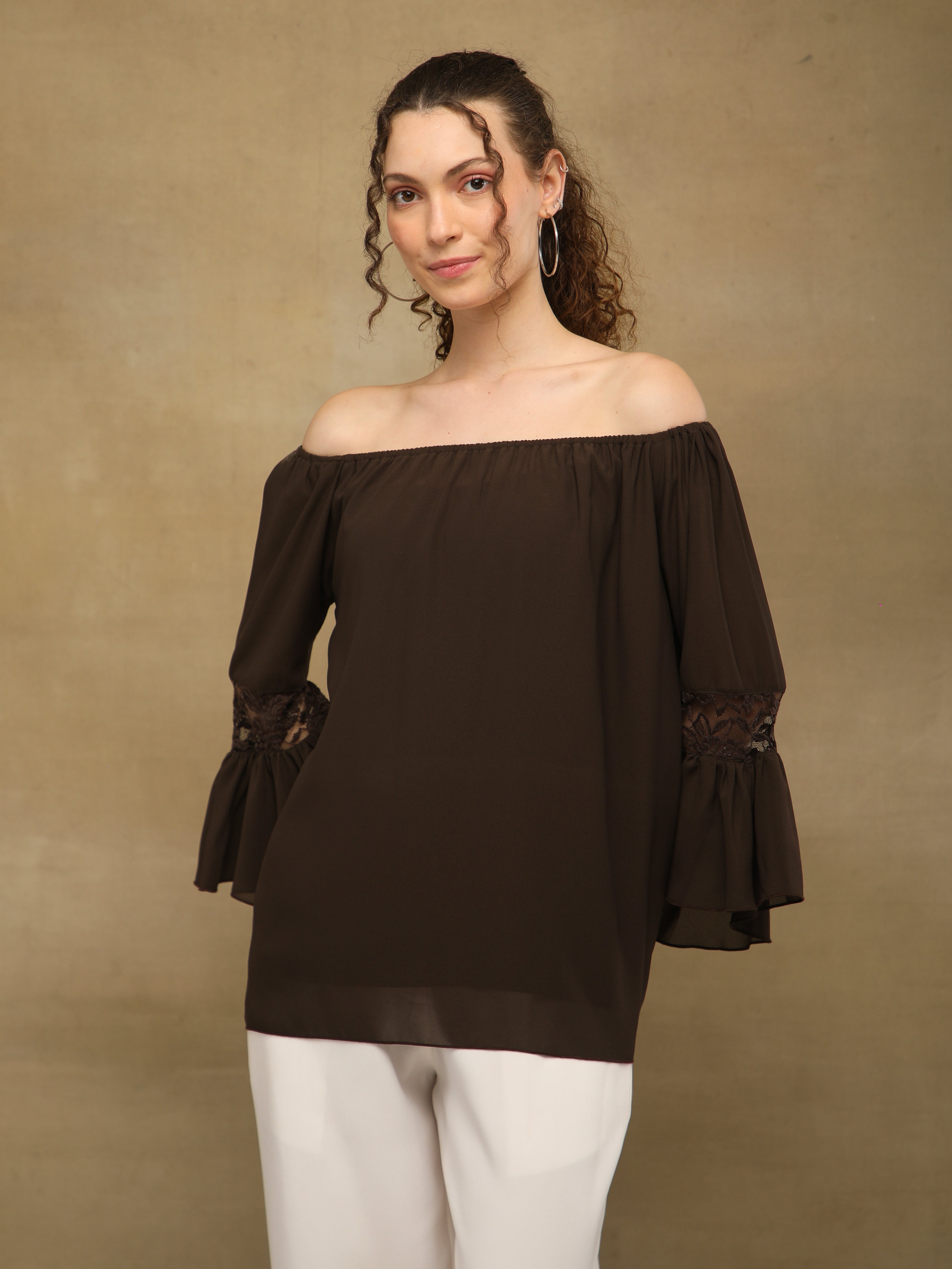 Off Shoulder Lace Brown Top