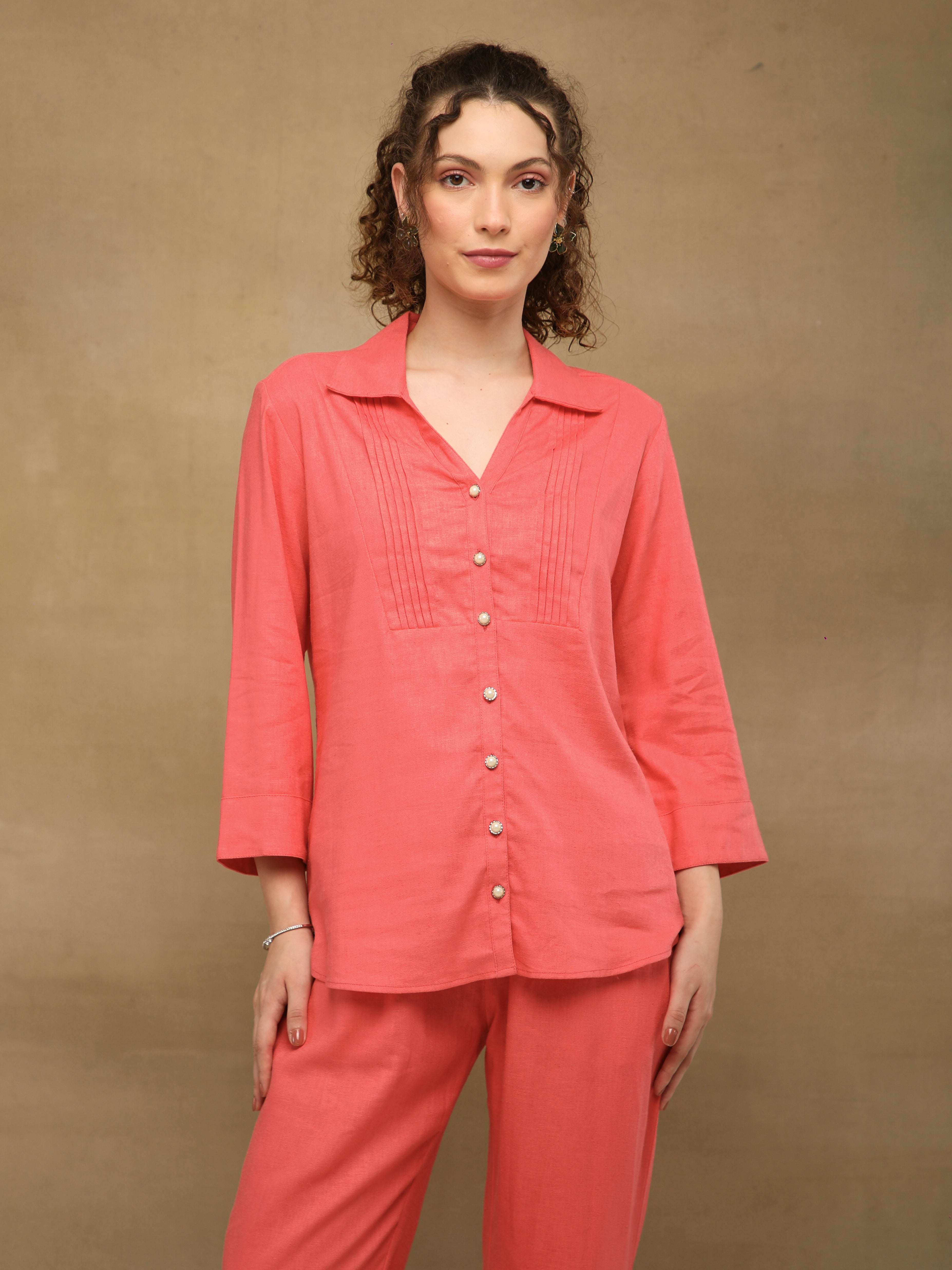 Coral Linen Yoke Pintuck Shirt