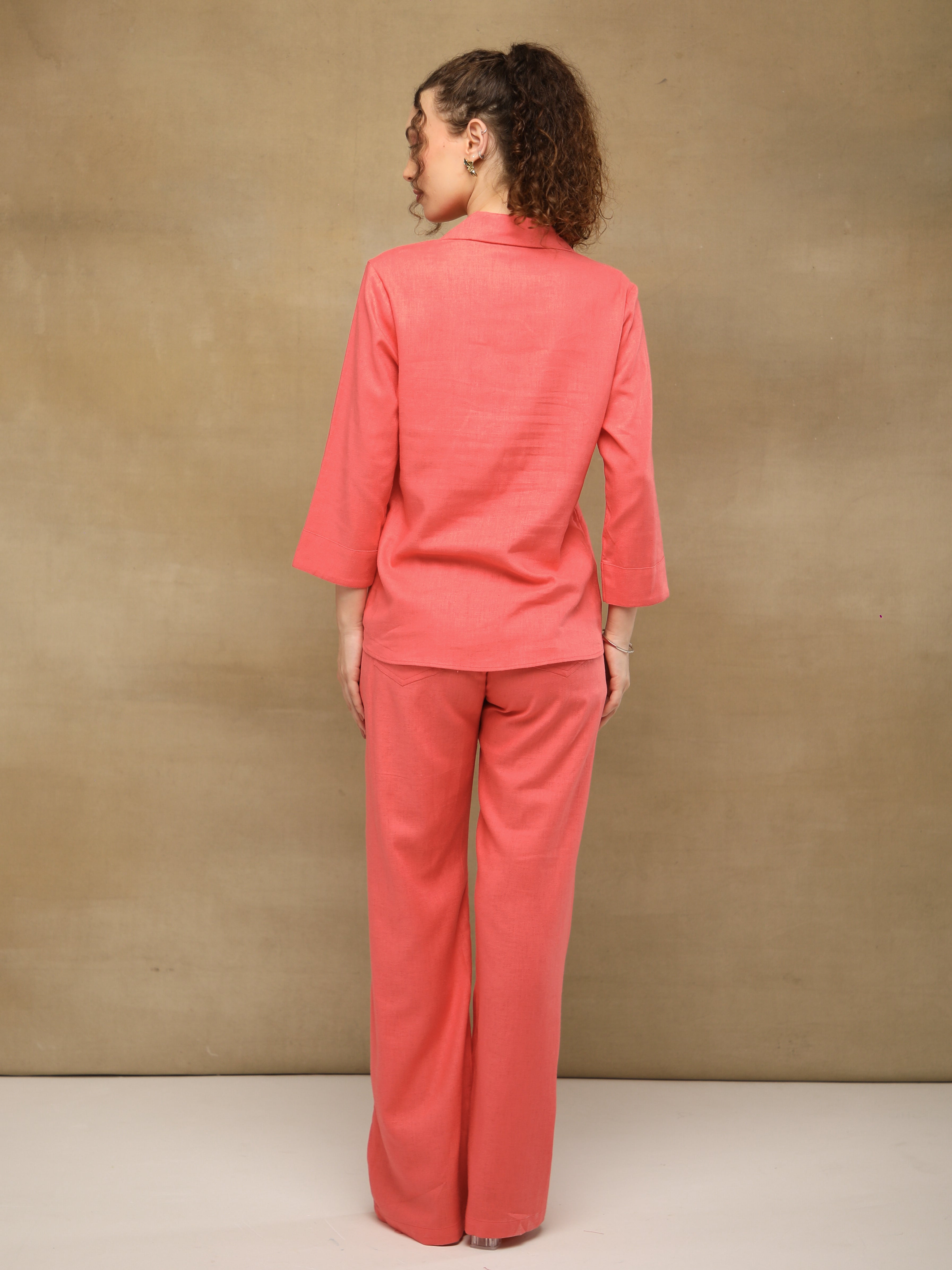 Coral Linen Yoke Pintuck Co-ord Set