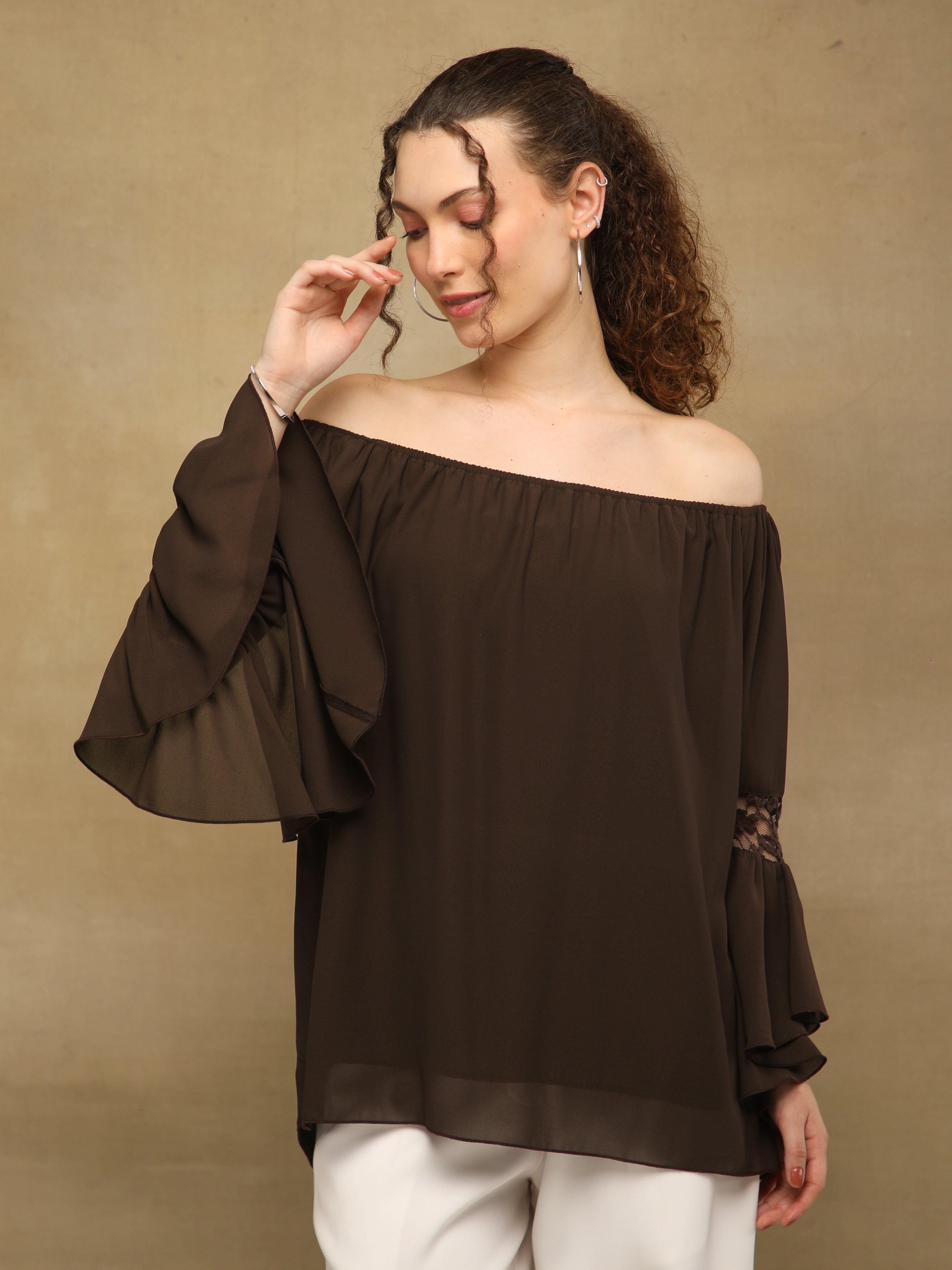 Off Shoulder Lace Brown Top