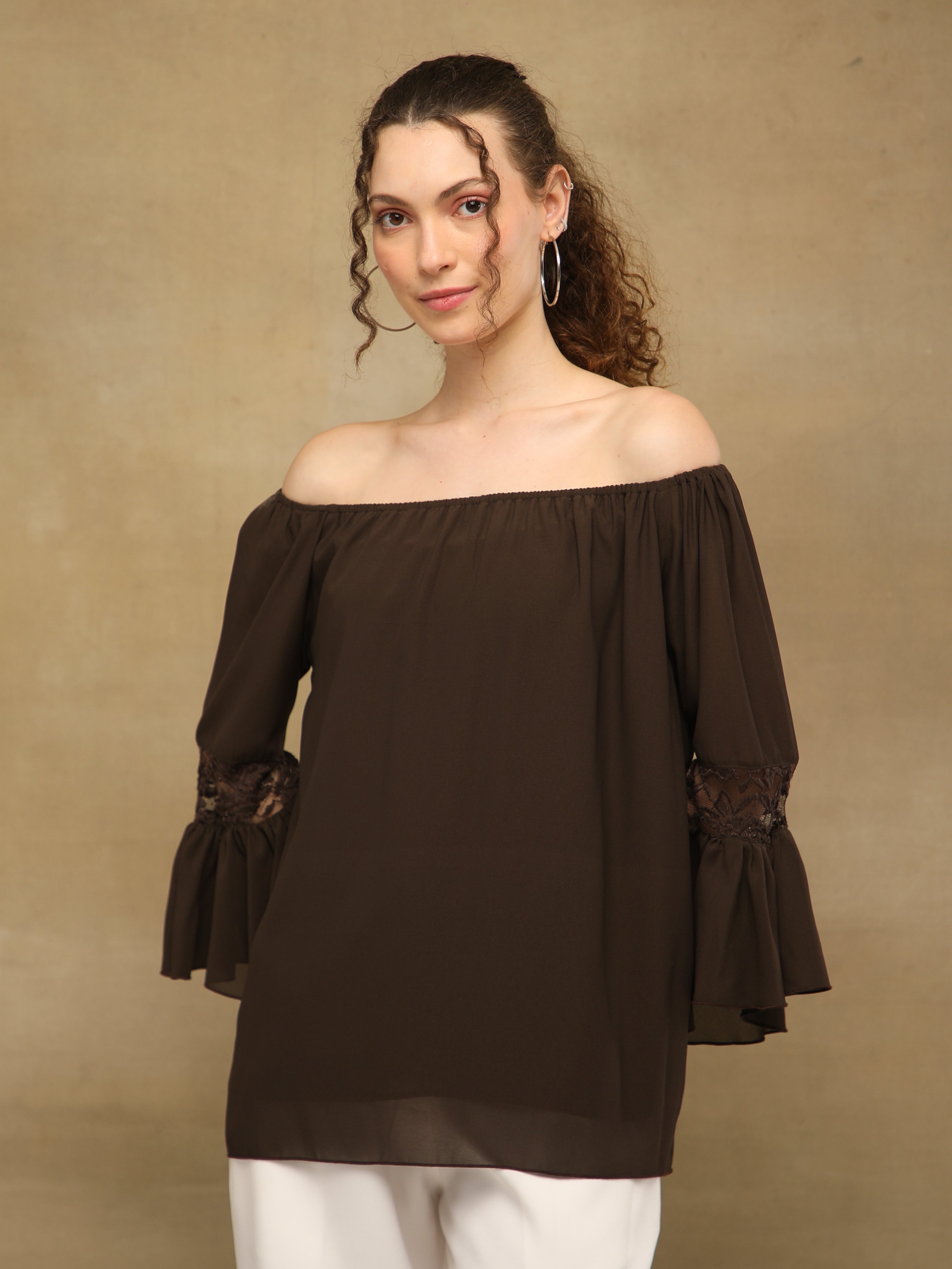 Off Shoulder Lace Brown Top
