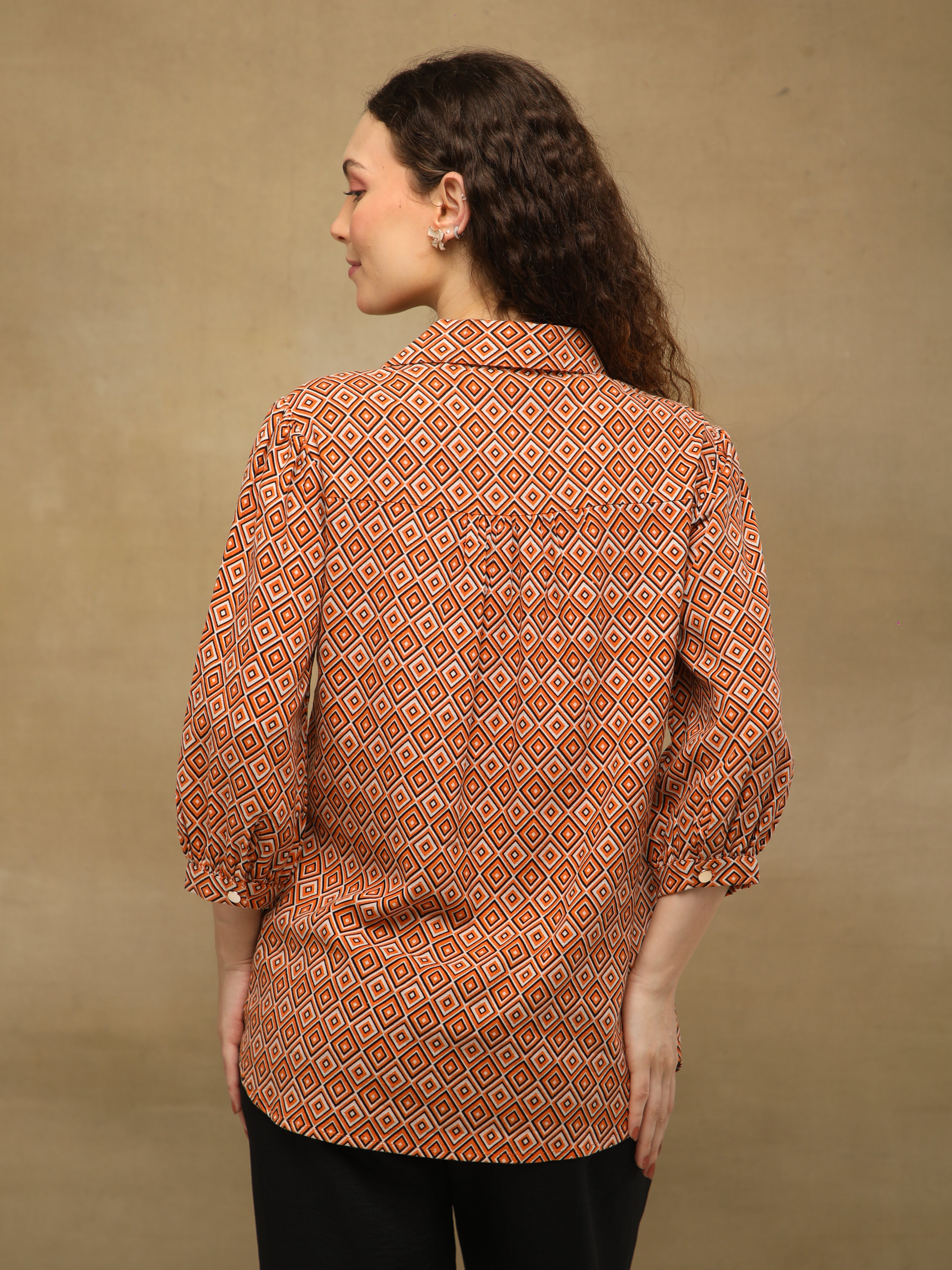 Rust Diamond Print Linen Shirt
