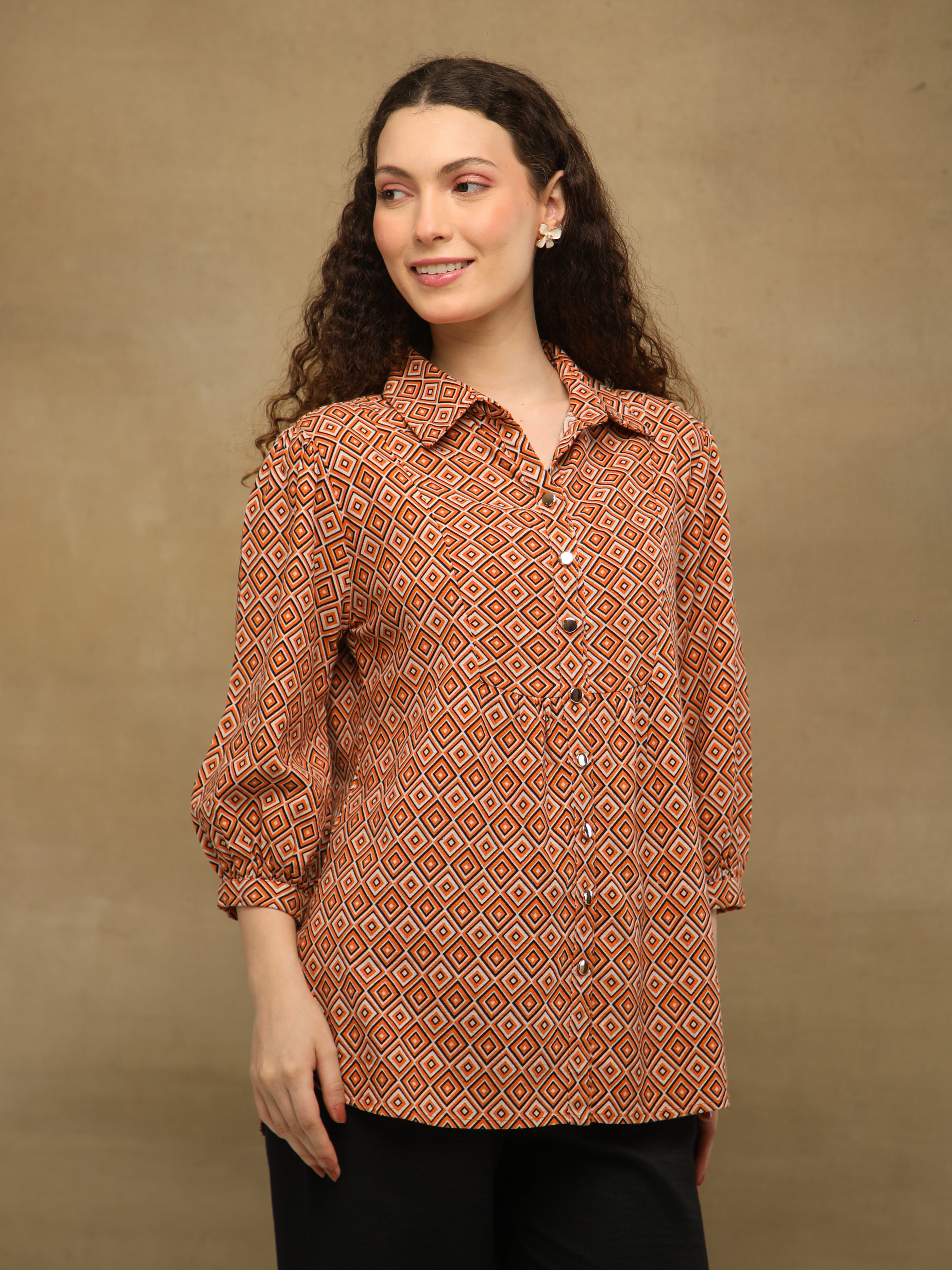 Rust Diamond Print Linen Shirt