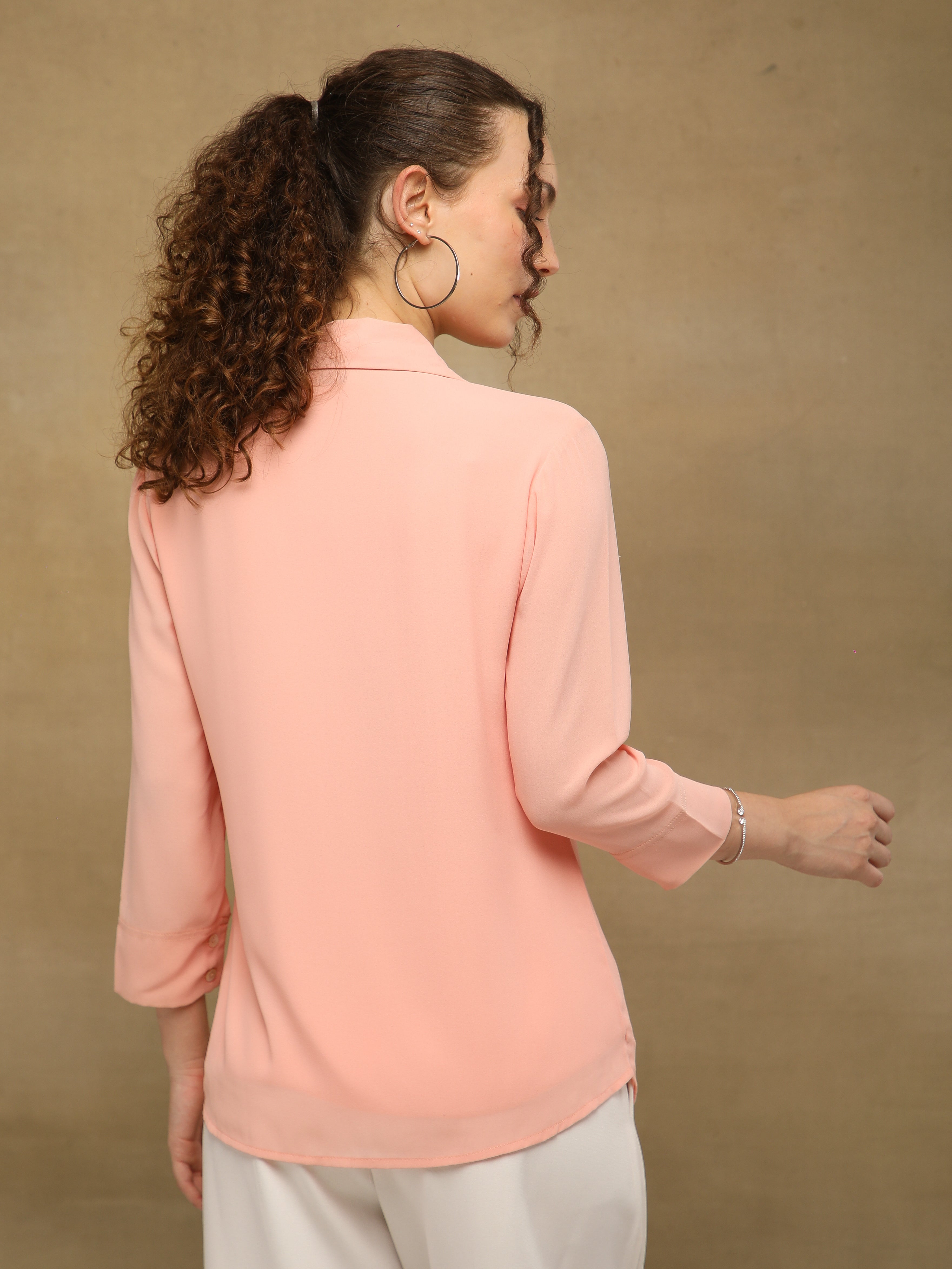 White Bead Embellished Peach Shirt