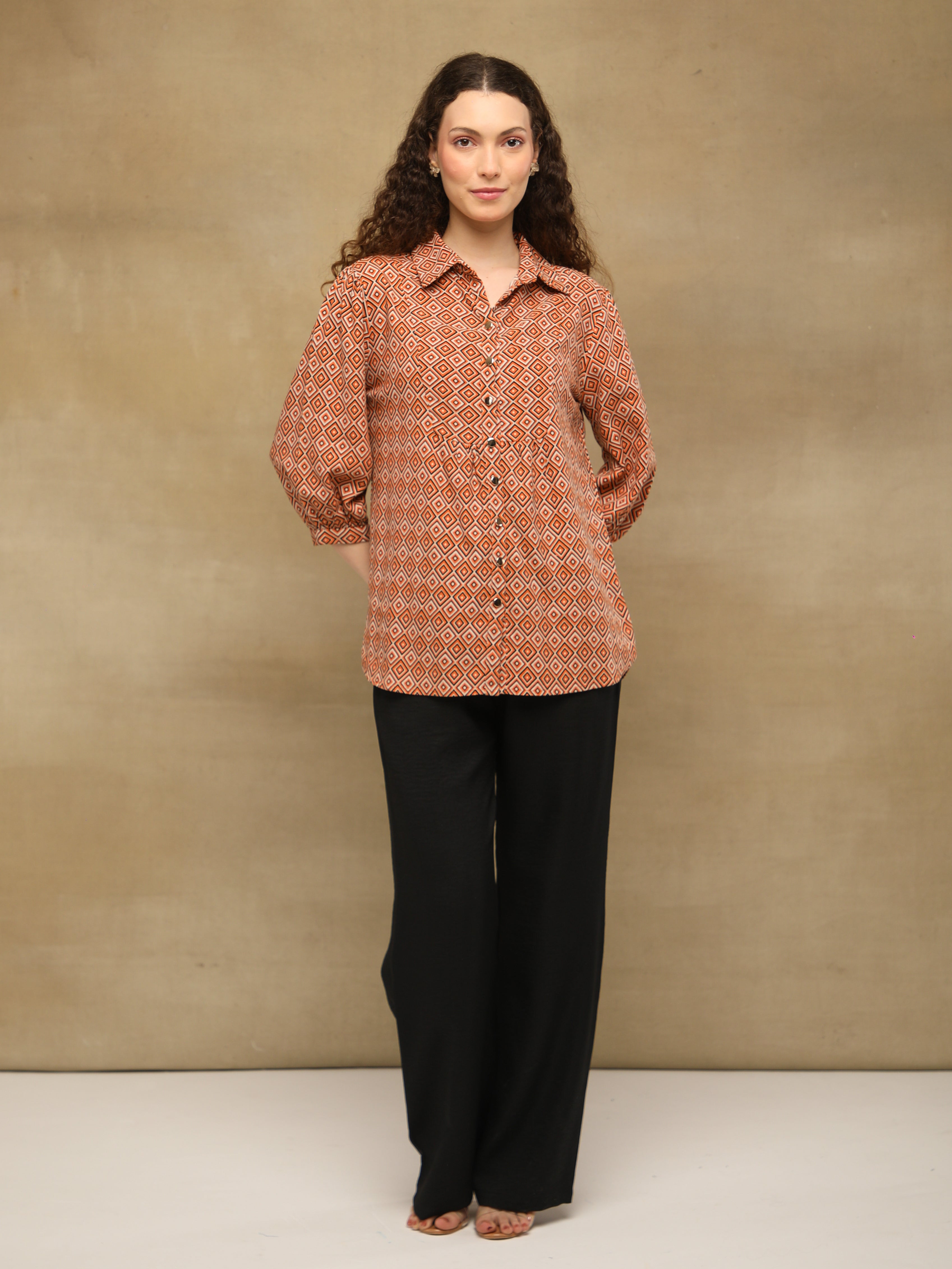 Rust Diamond Print Linen Shirt