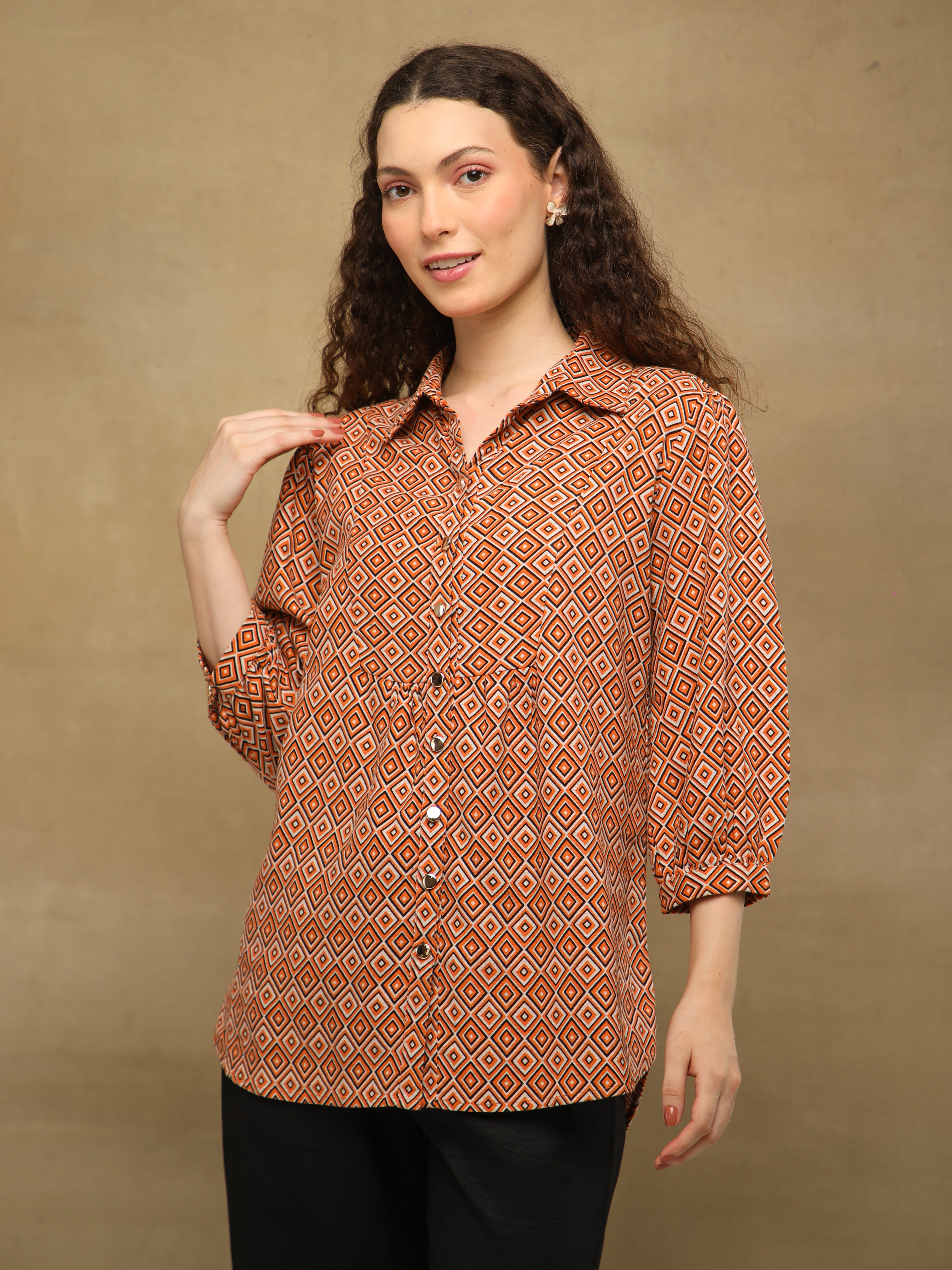 Rust Diamond Print Linen Shirt