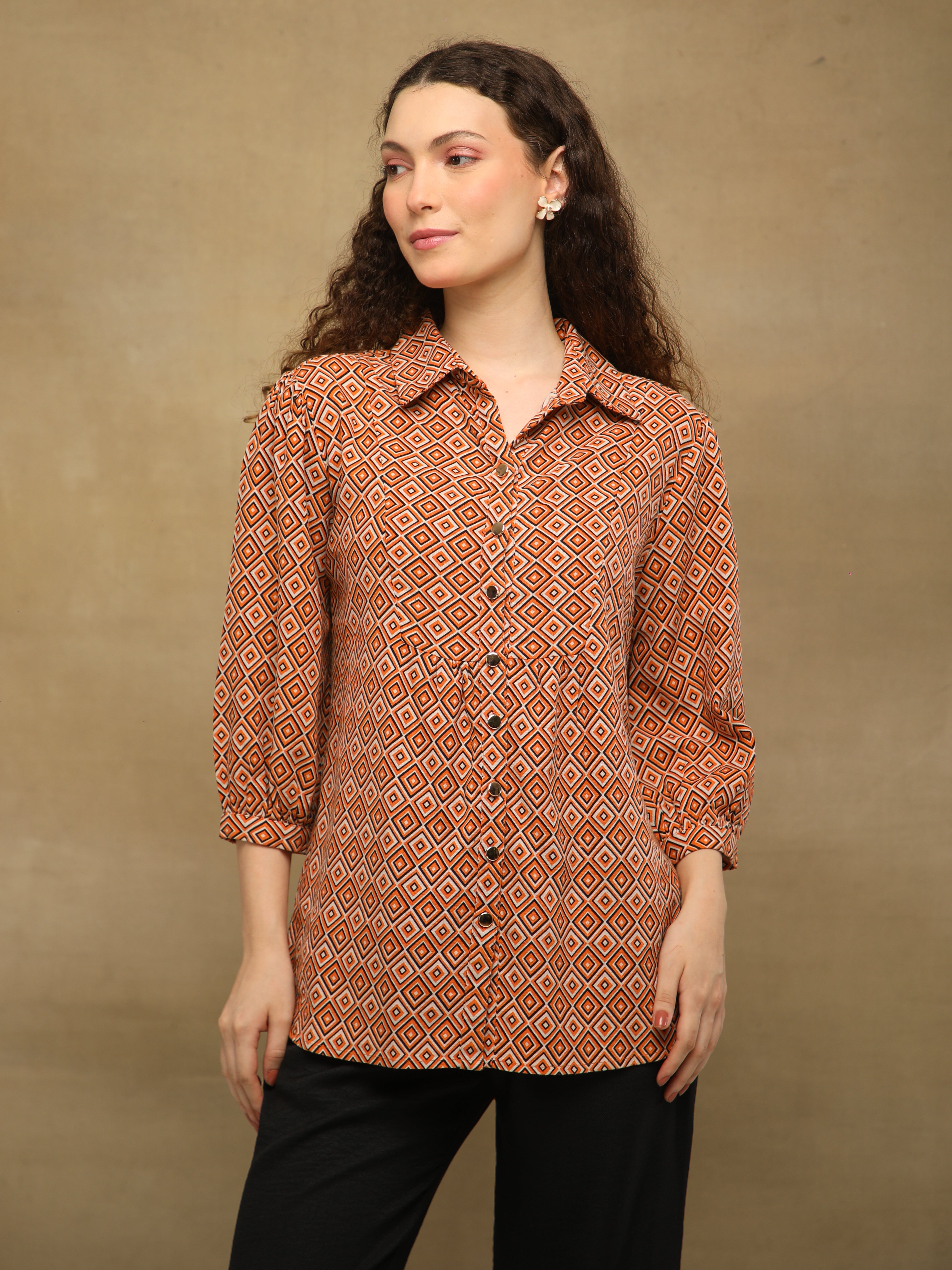 Rust Diamond Print Linen Shirt