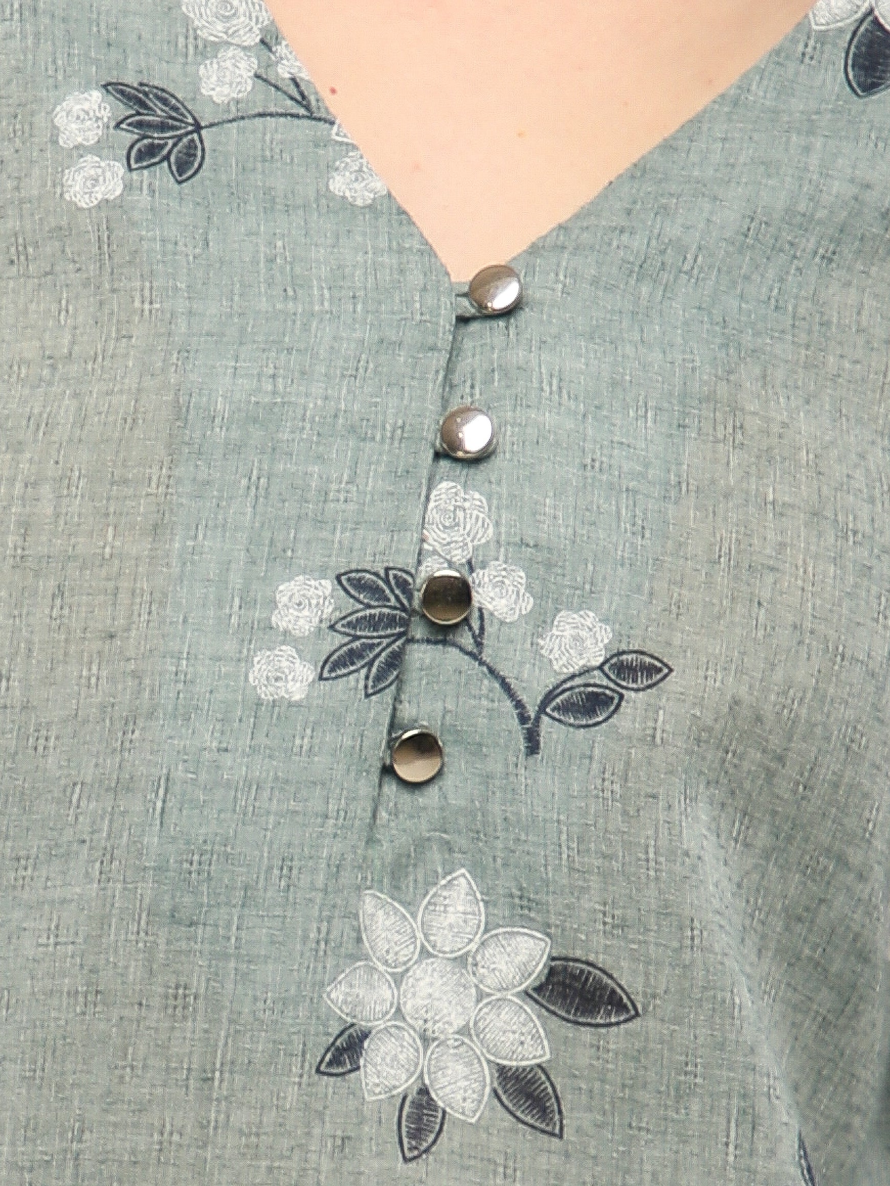 Olive White Floral Print Cotton Top