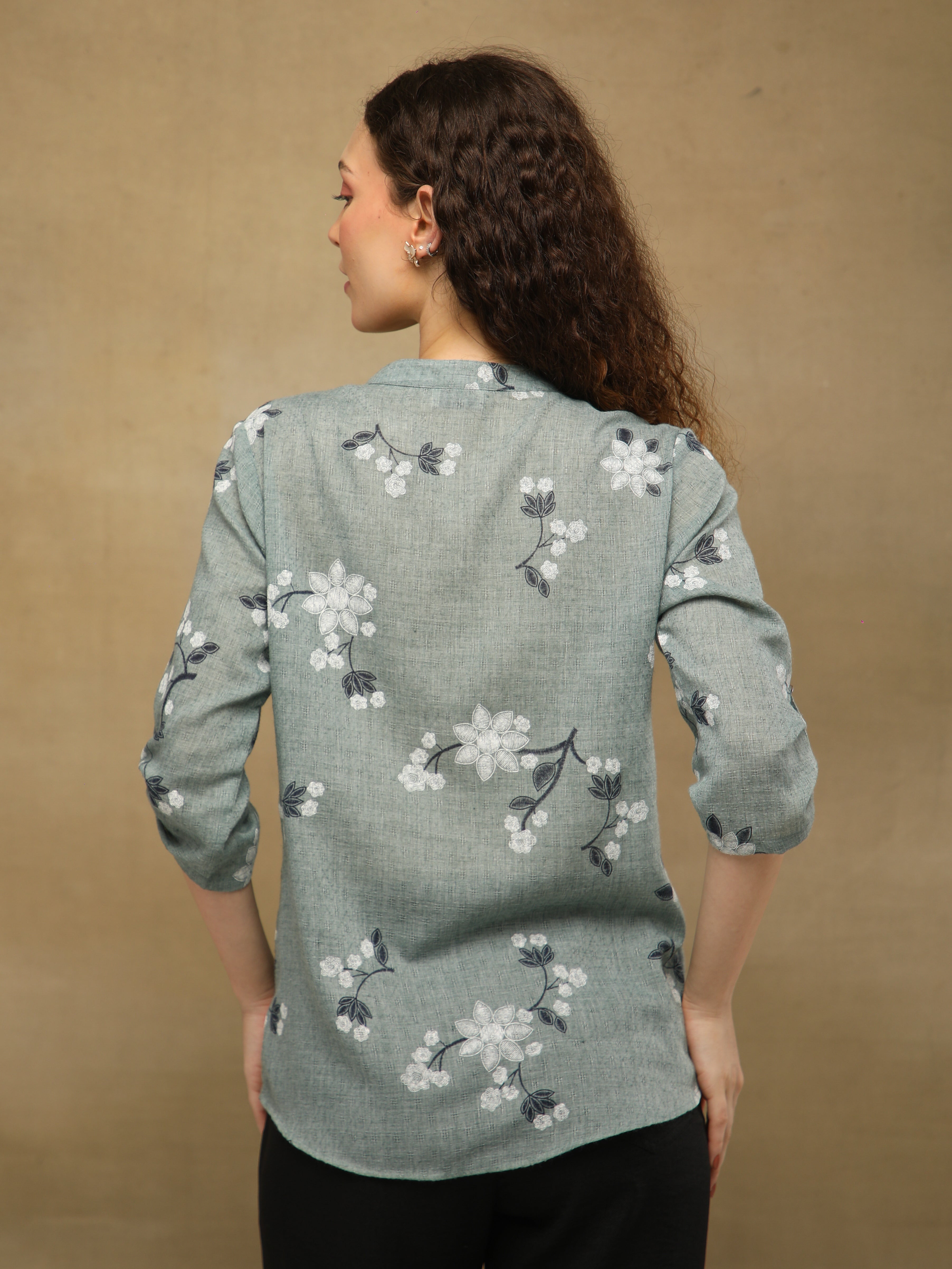 Olive White Floral Print Cotton Top