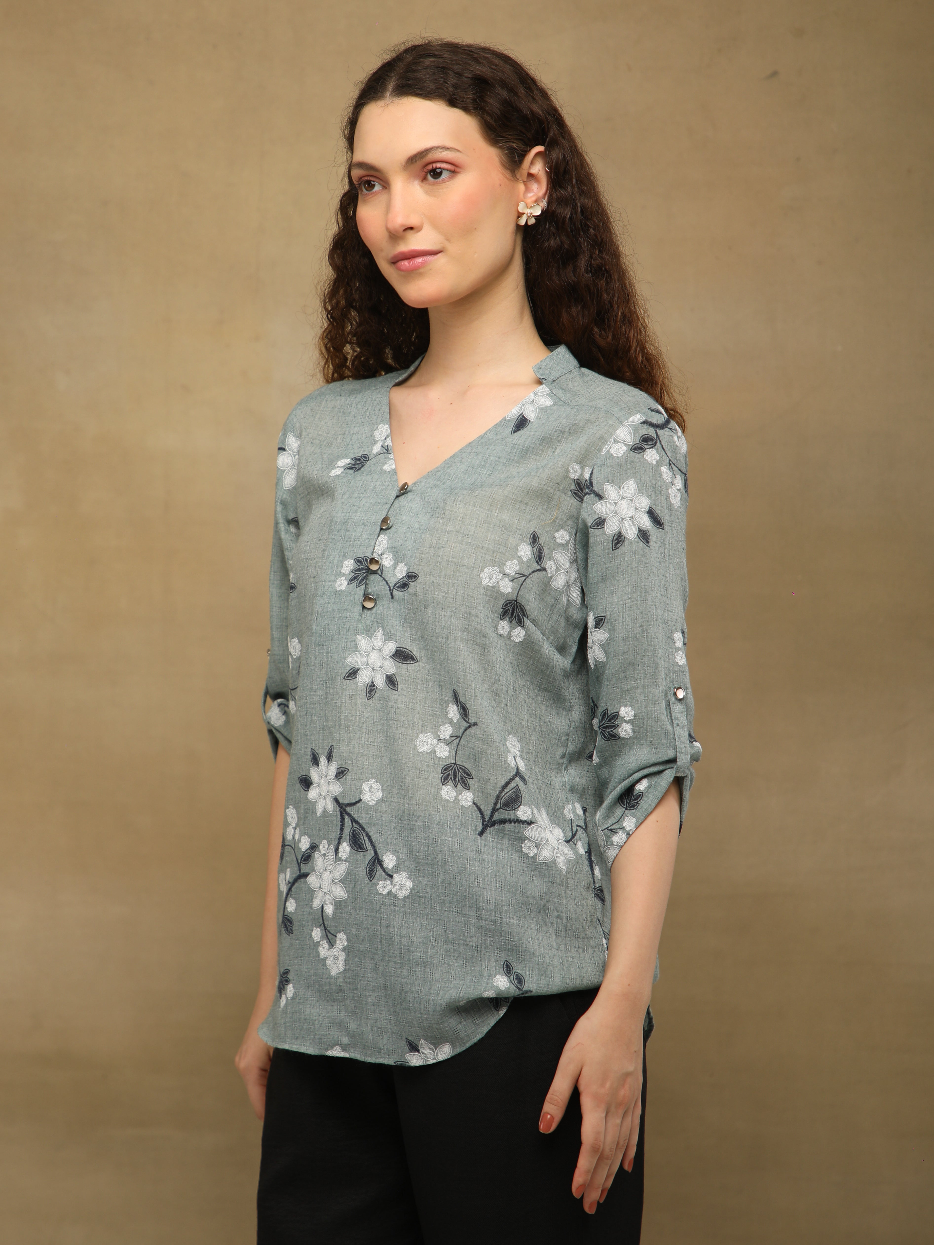 Olive White Floral Print Cotton Top