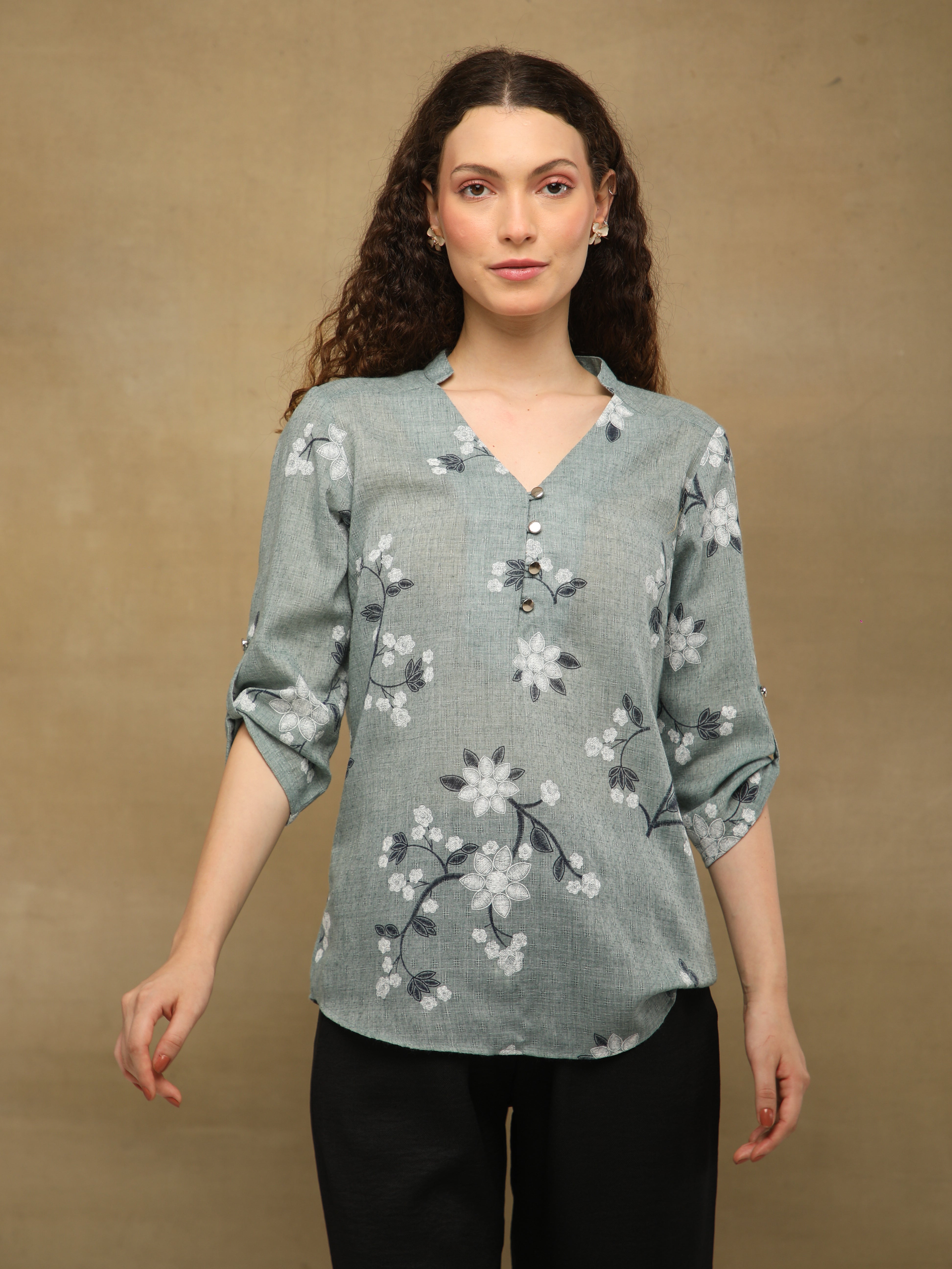 Olive White Floral Print Cotton Top