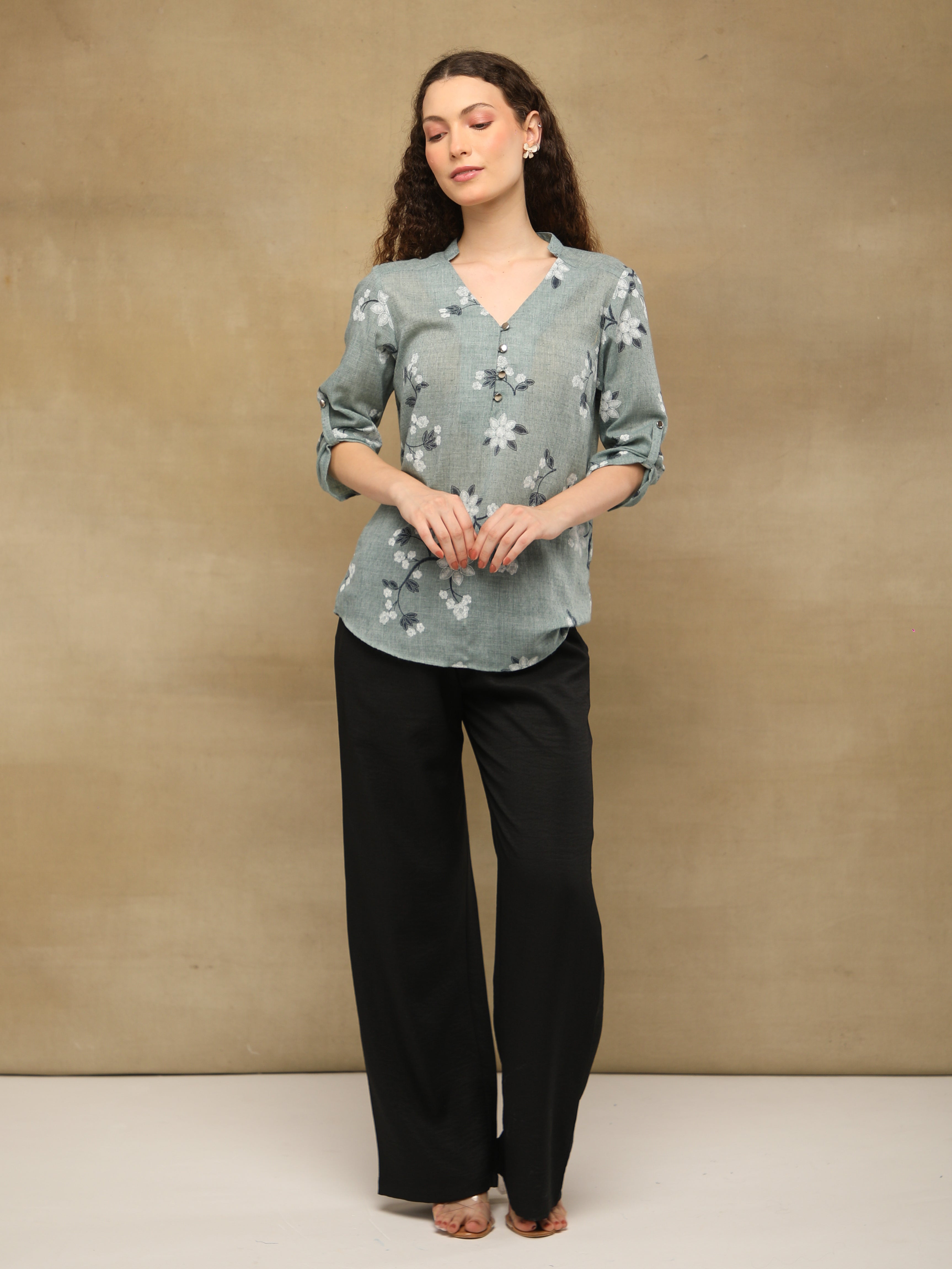 Olive White Floral Print Cotton Top