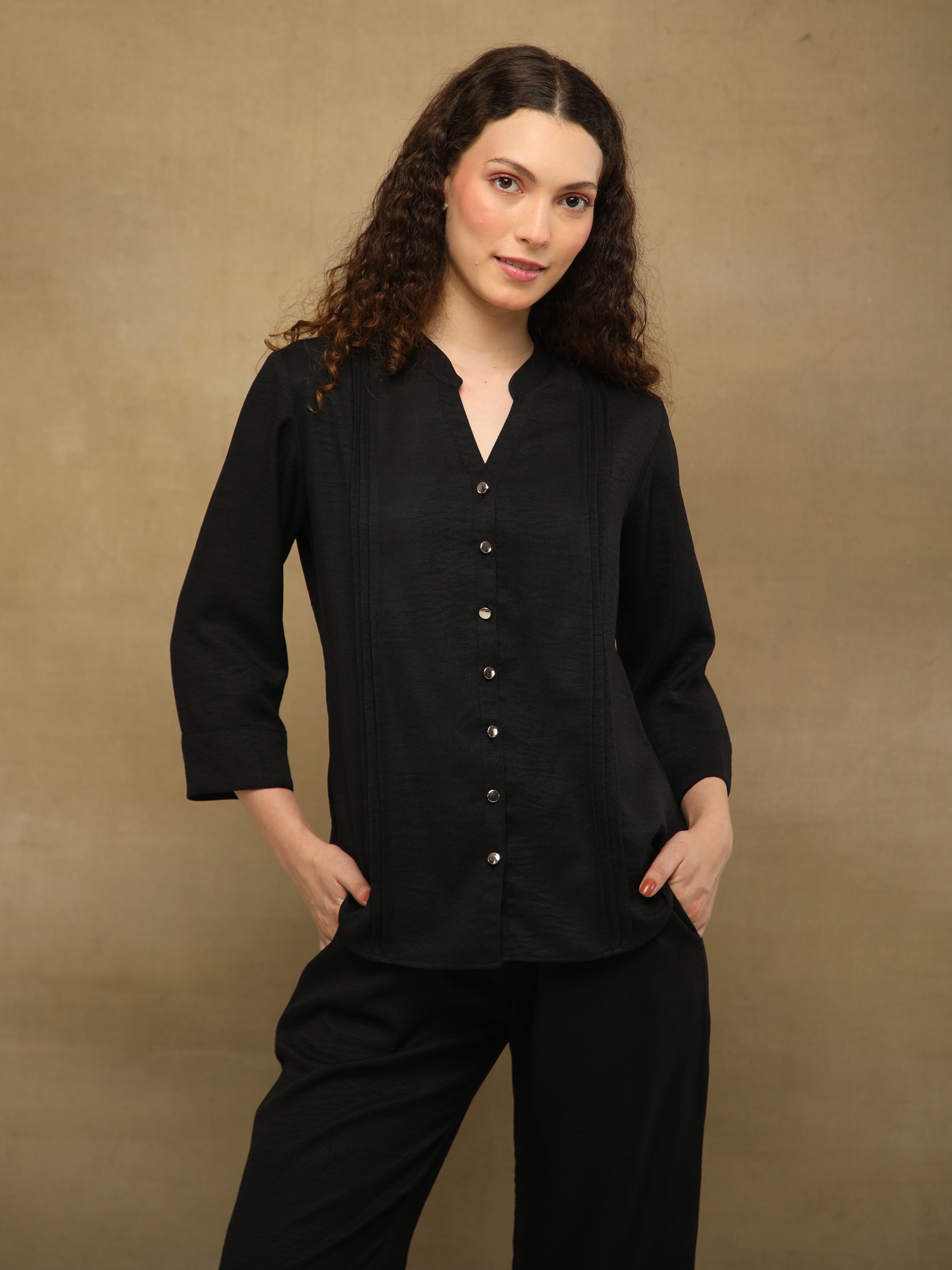 Melange Linen Triple Pintuck Black Co-ord Set