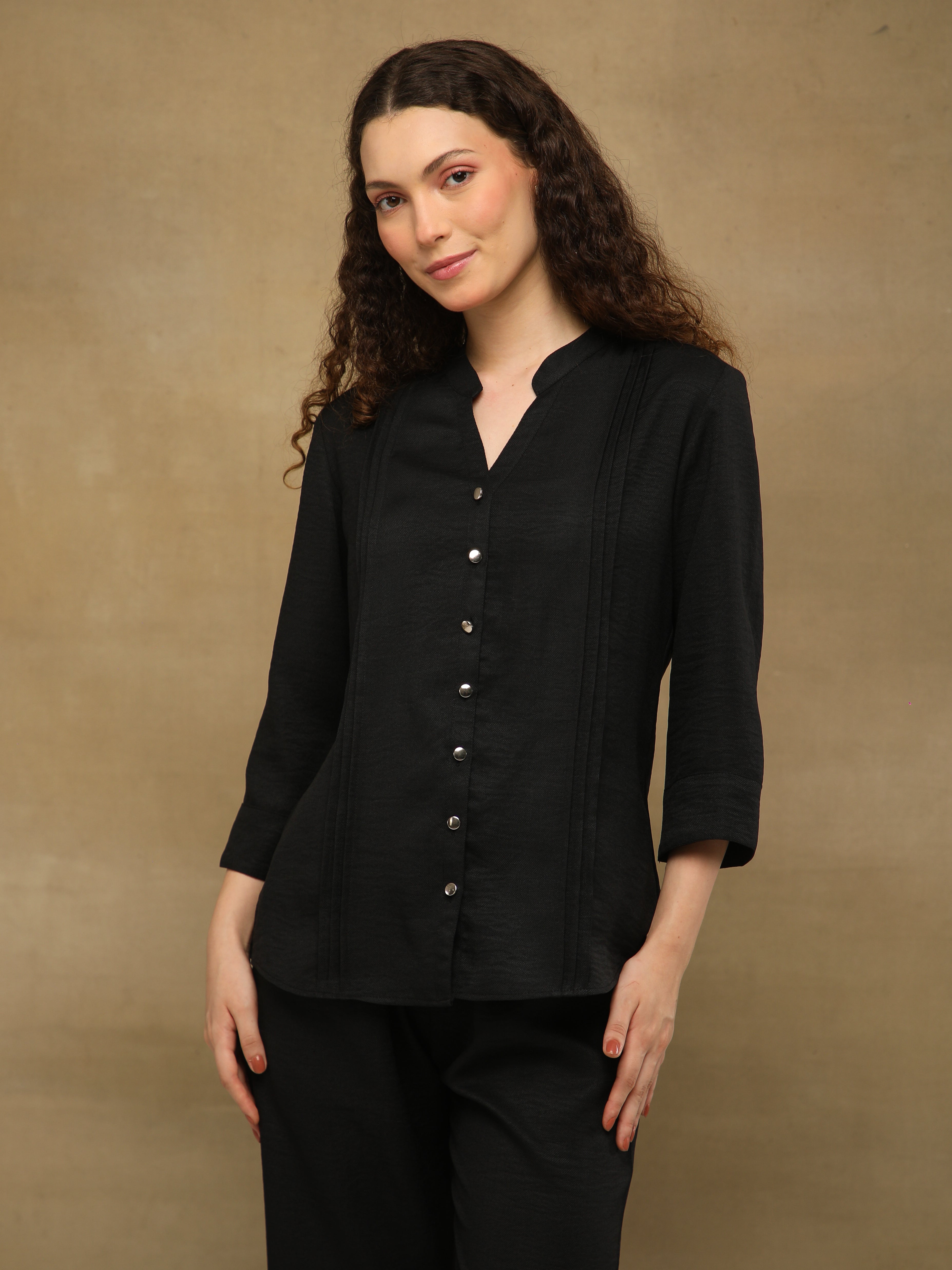 Melange Linen Triple Pintuck Black Shirt