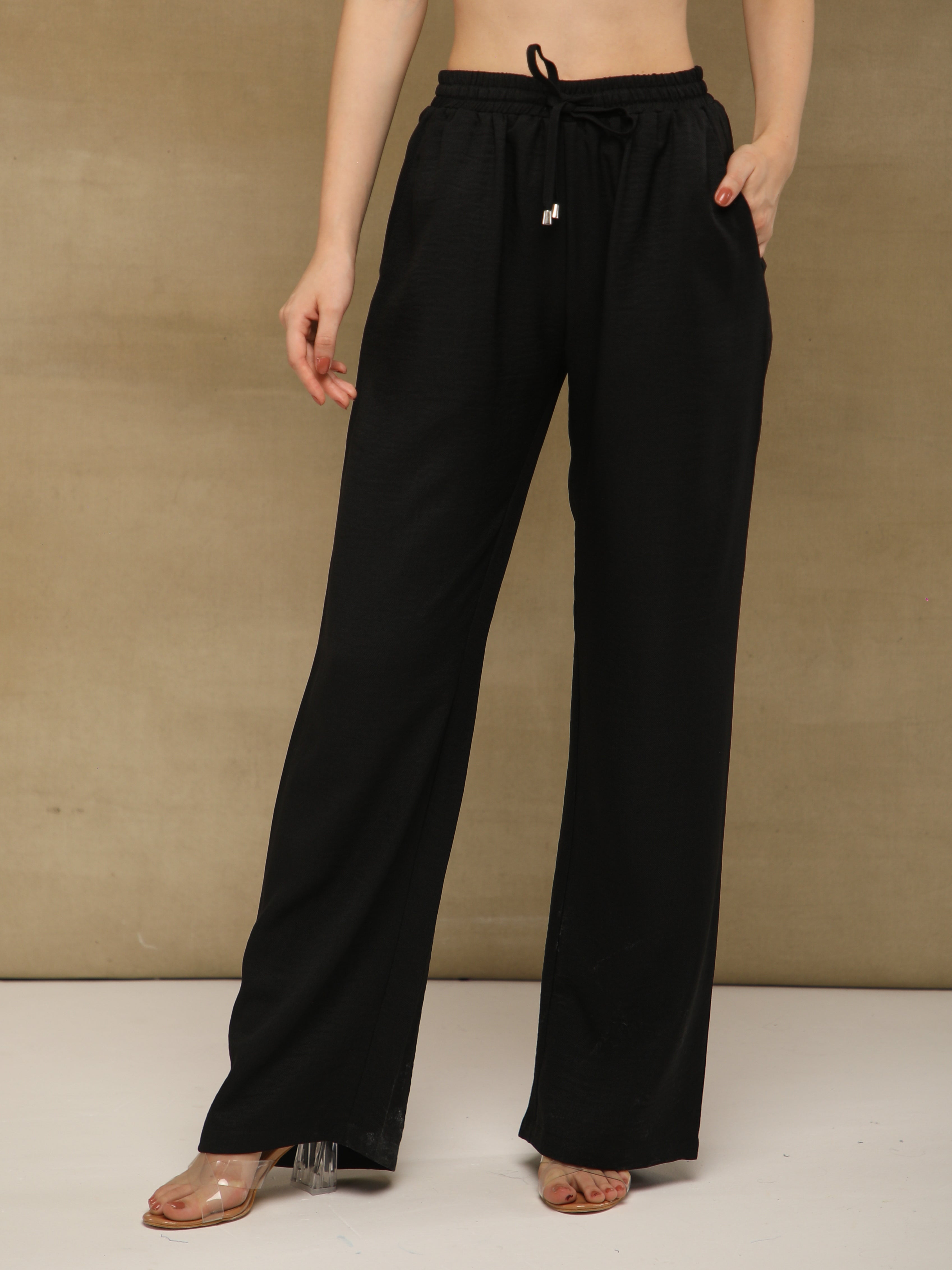 Black Drawstring Melange Linen Pants