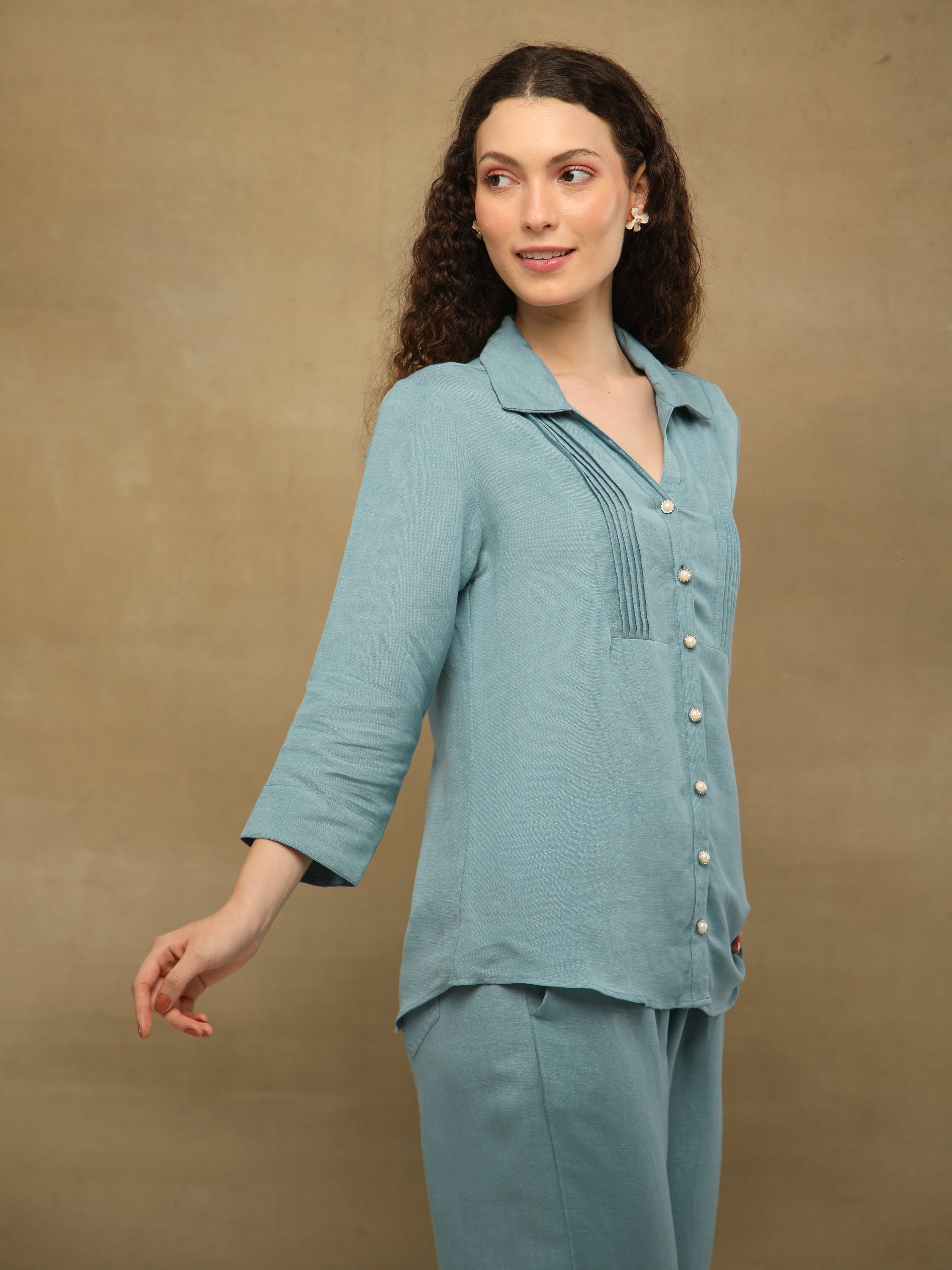 Sage Green Linen Yoke Pintuck Shirt