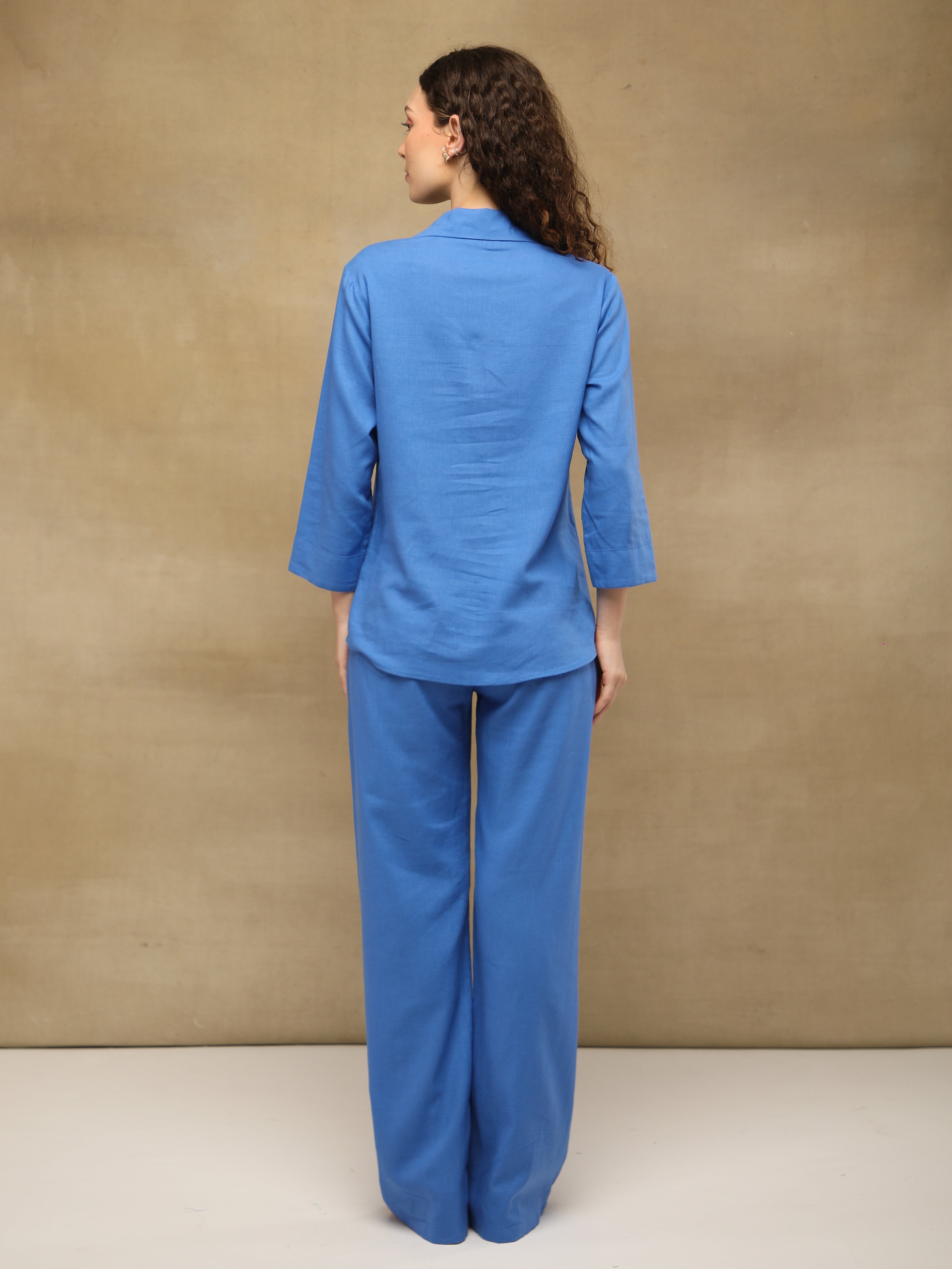 Dusty Blue Linen Yoke Pintuck Shirt