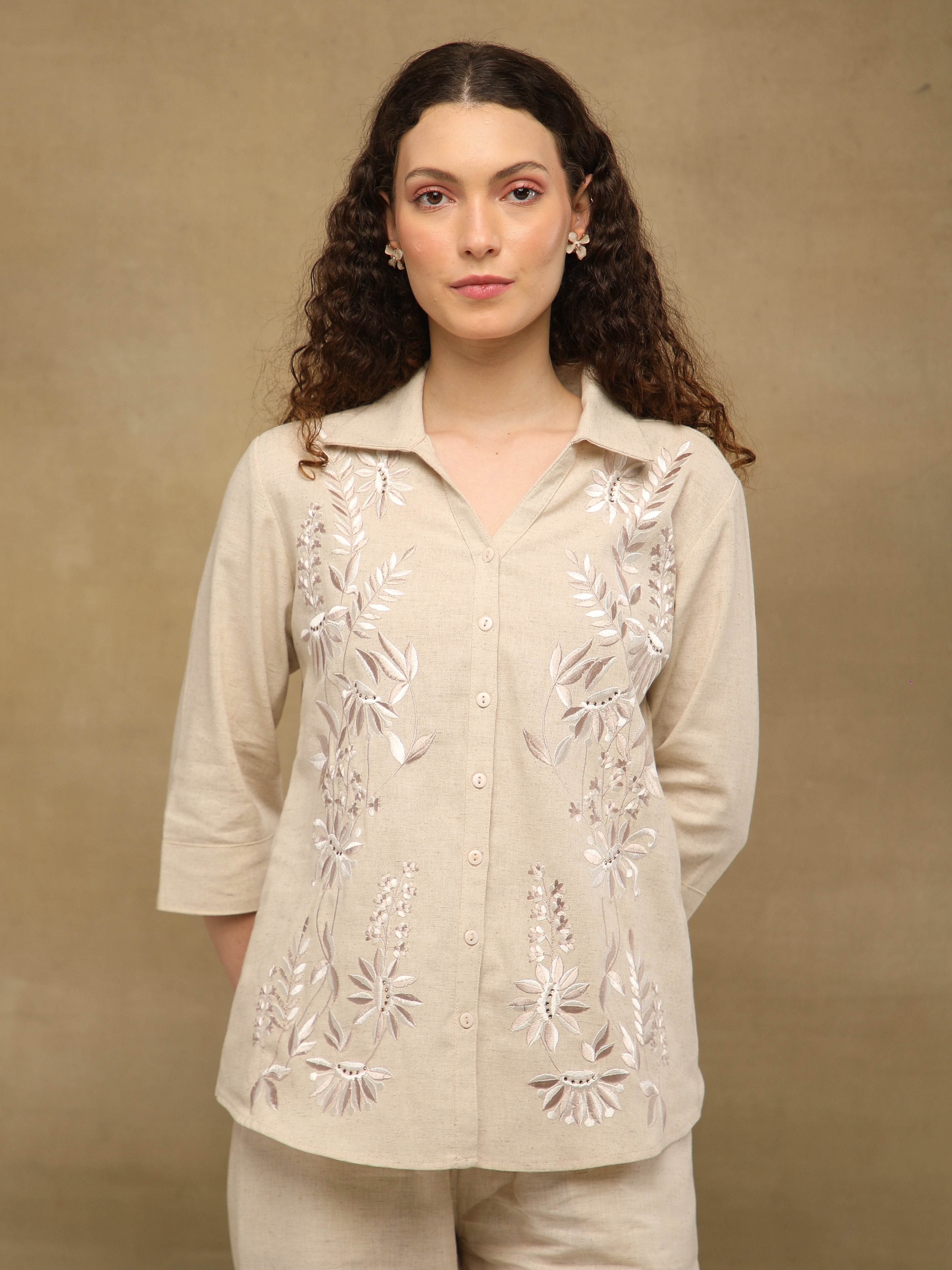 Embroidered Beige Linen Co-ord Set