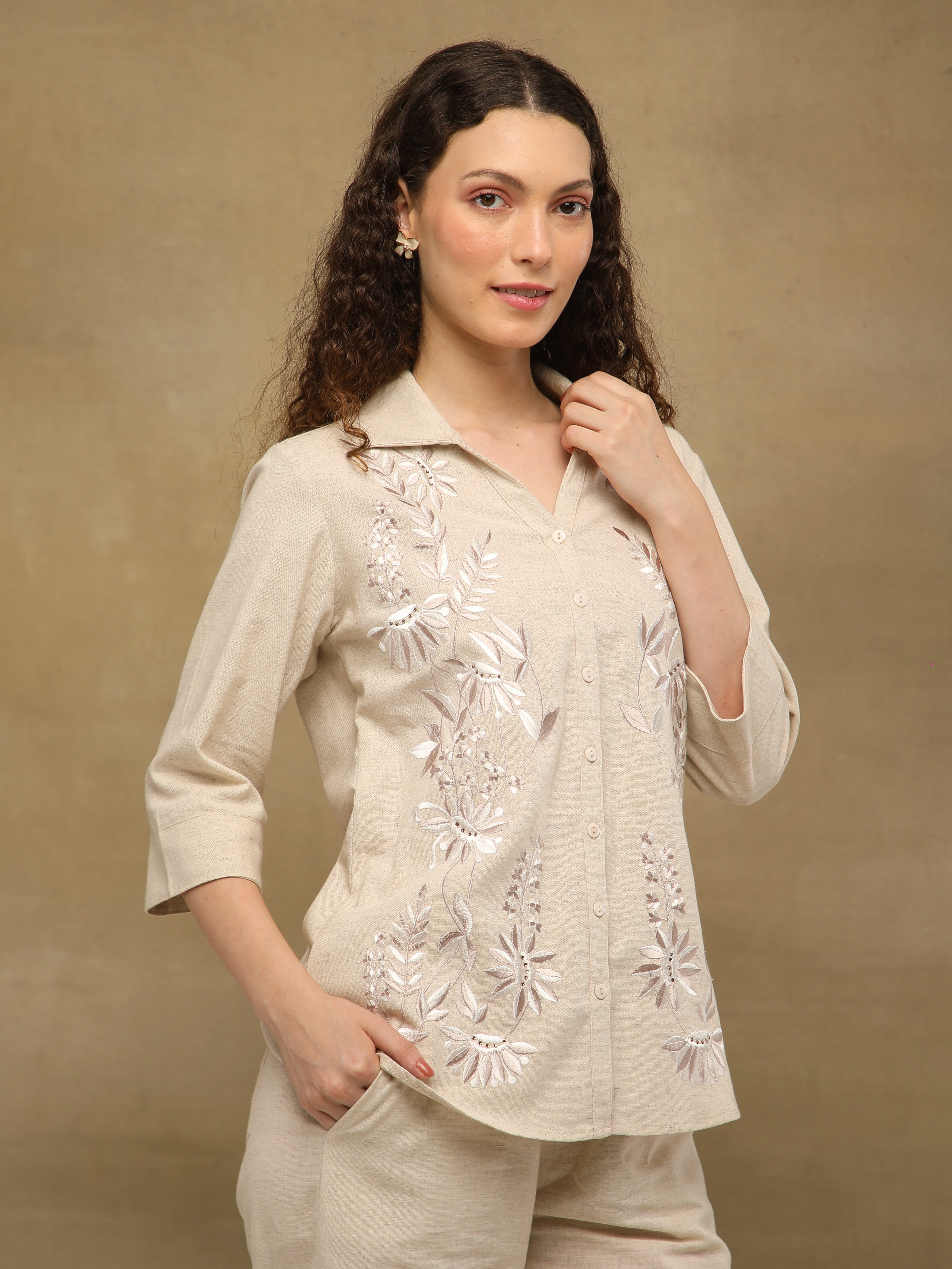 Embroidered Beige Linen Co-ord Set