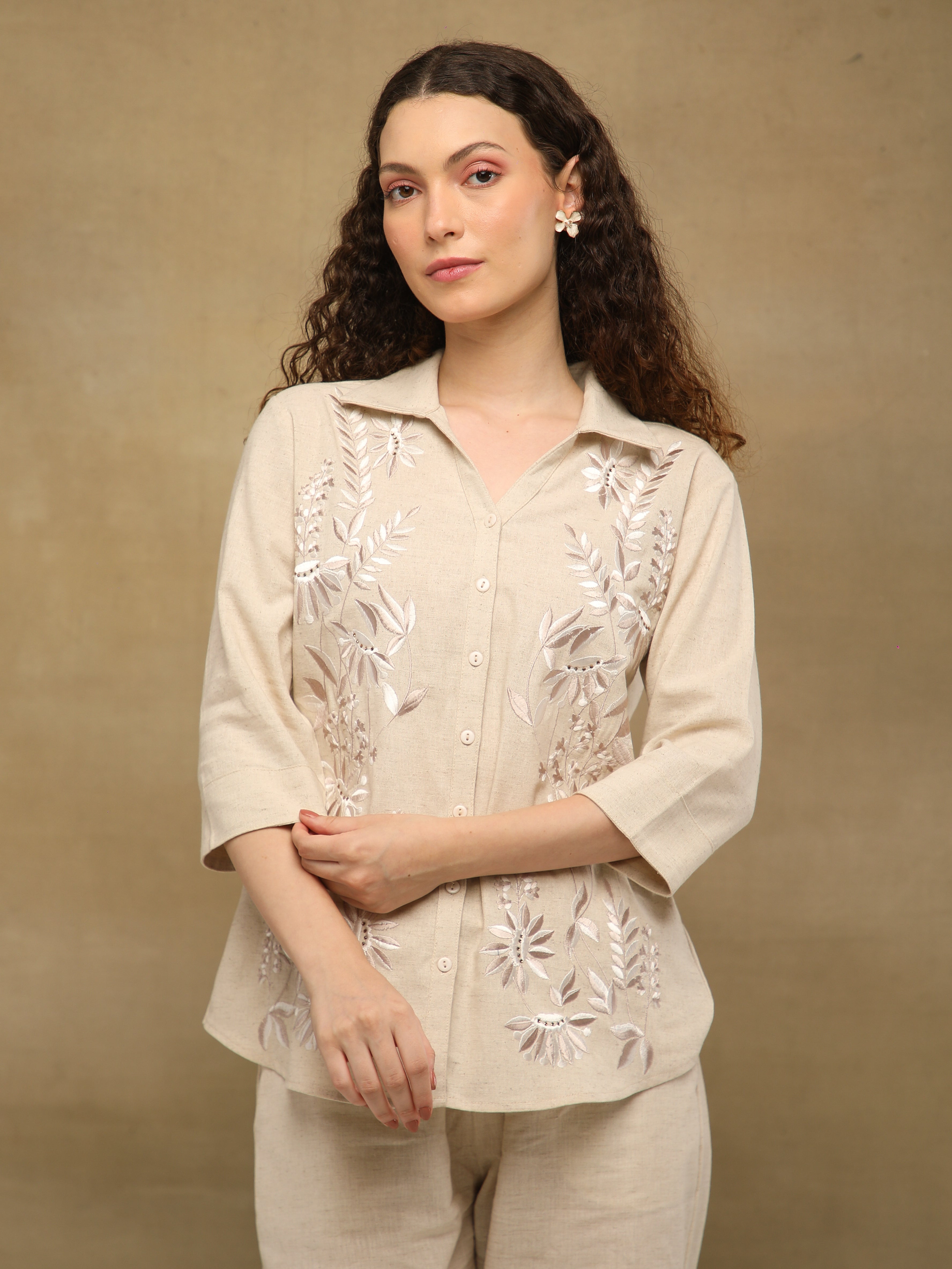 Embroidered Beige Linen Shirt