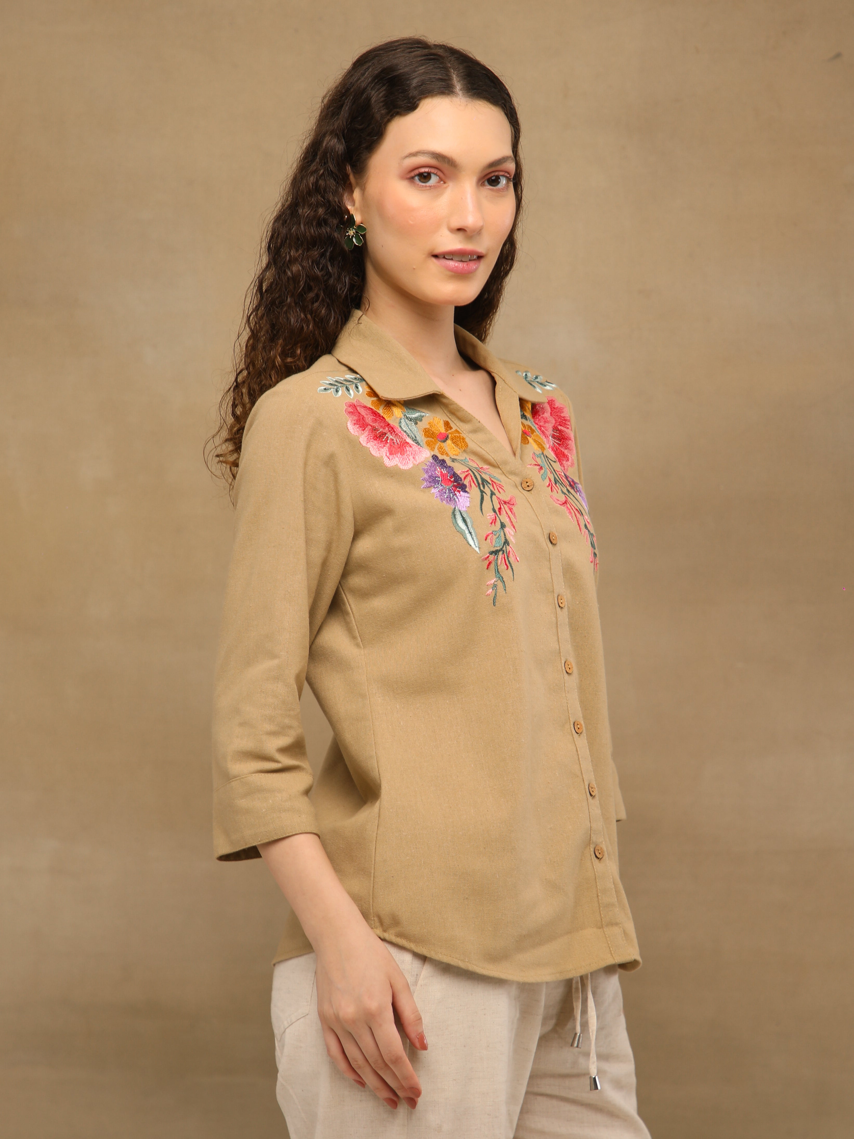 Linen Khakhi Garden Embroidered Shirt