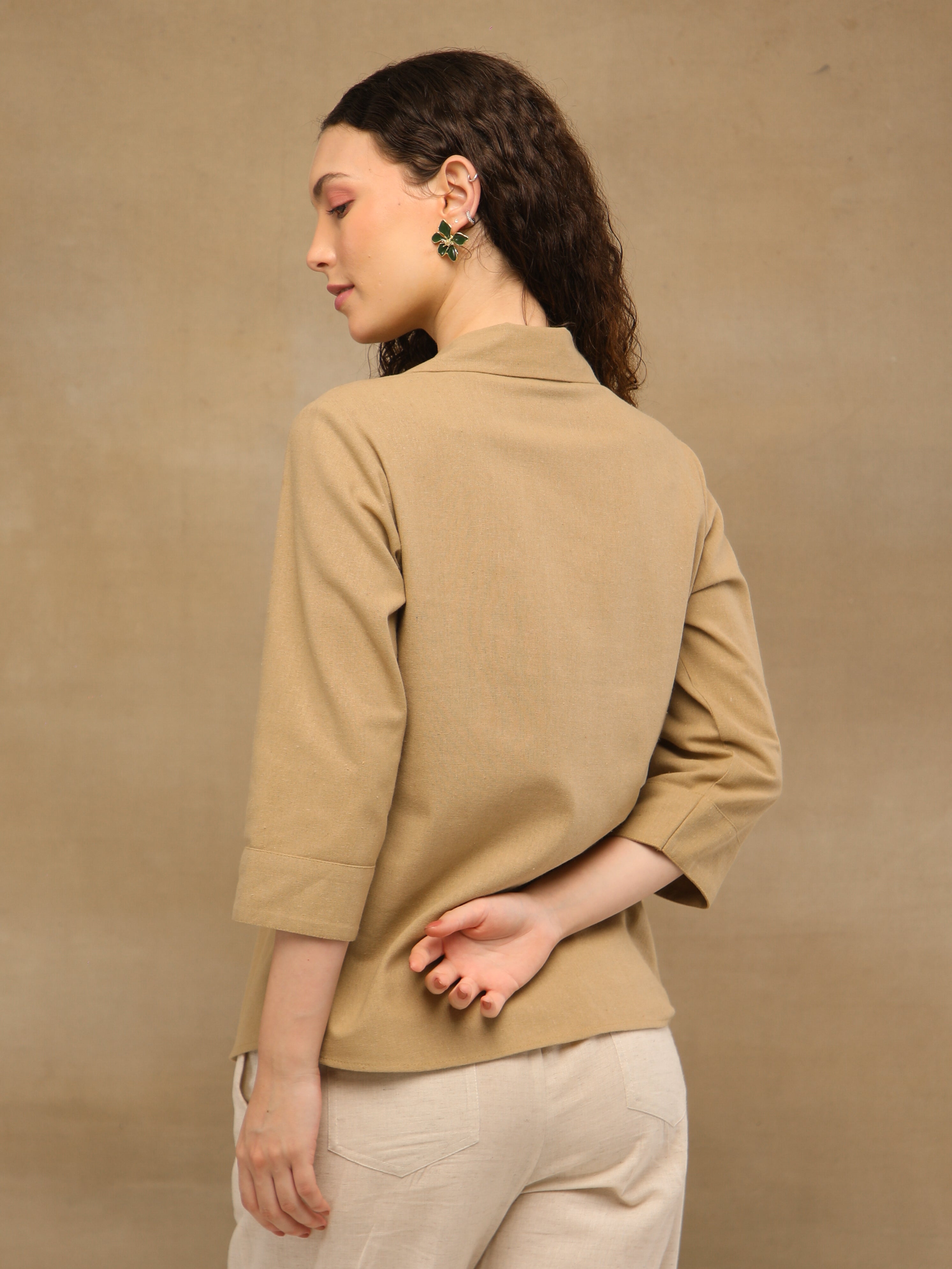 Linen Khakhi Garden Embroidered Shirt