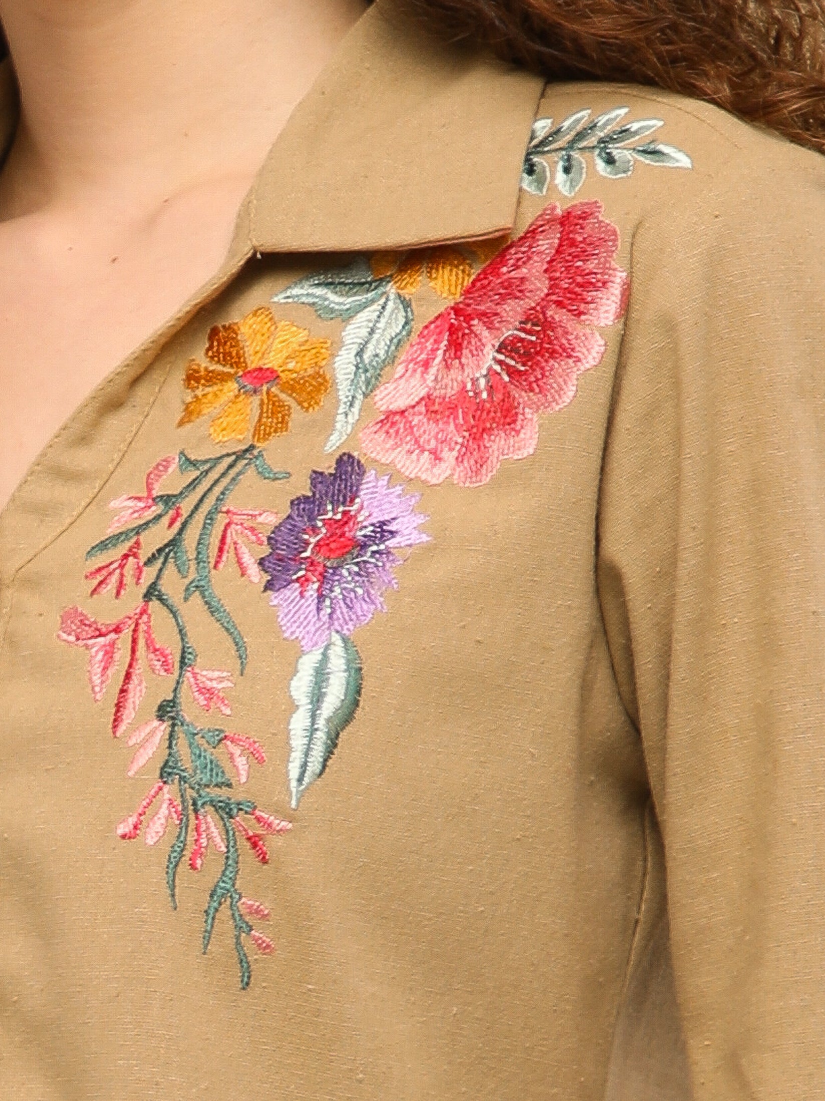 Linen Khakhi Garden Embroidered Shirt