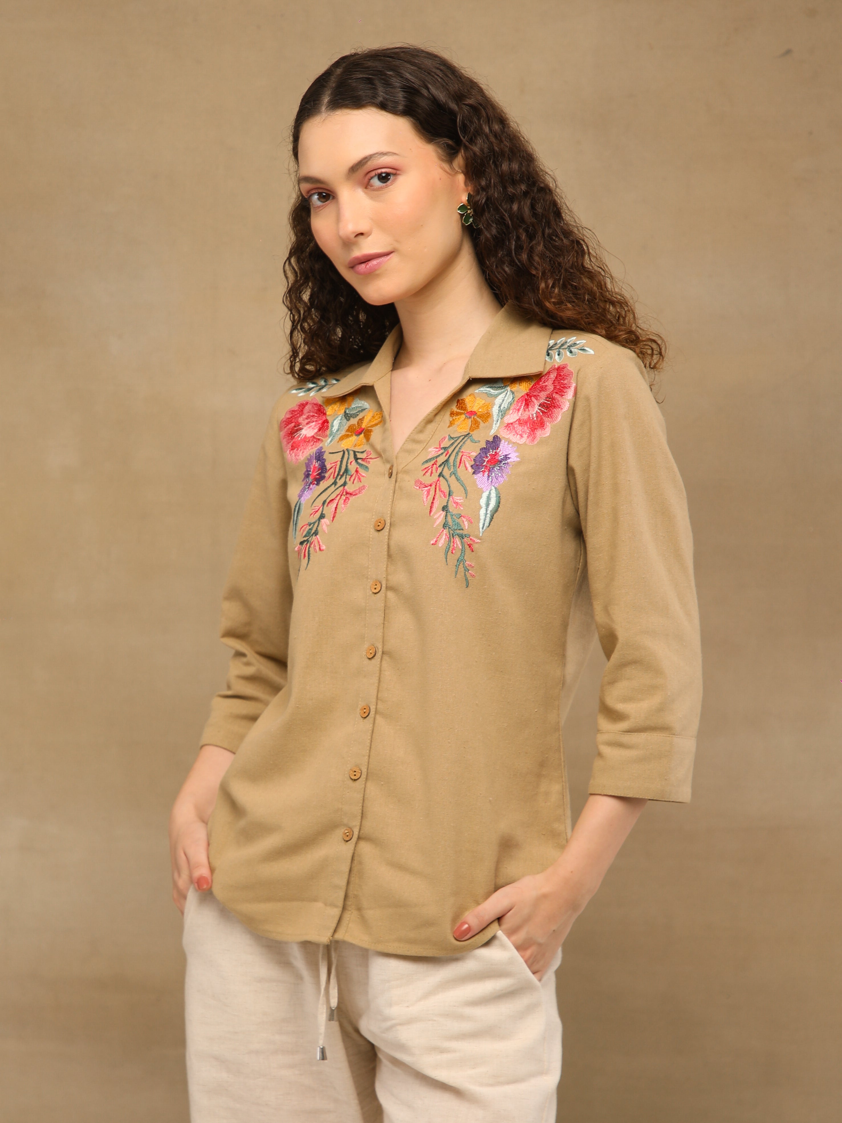Linen Khakhi Garden Embroidered Shirt