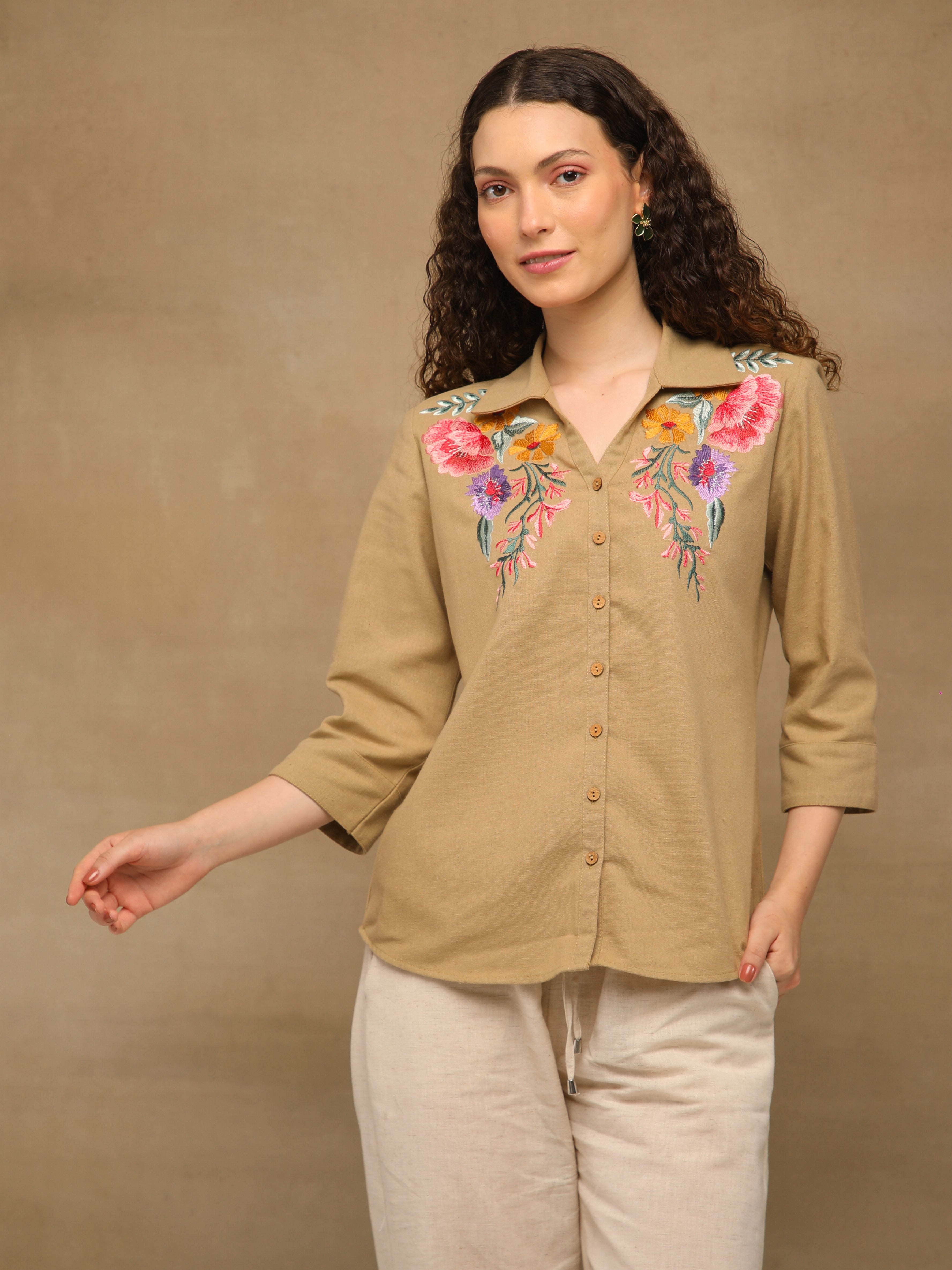 Linen Khakhi Garden Embroidered Shirt