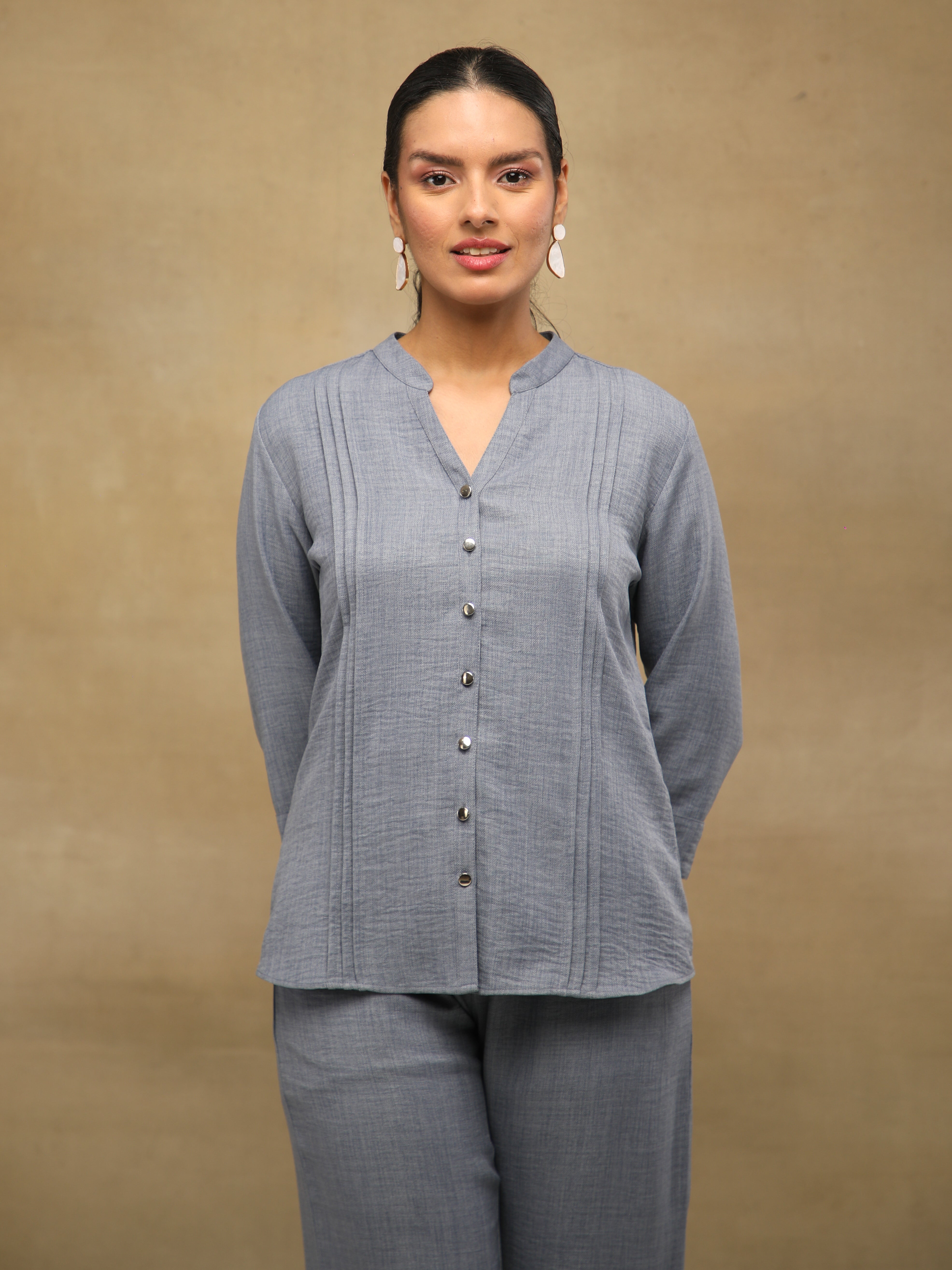 Melange Linen Triple Pintuck Grey Co-ord Set