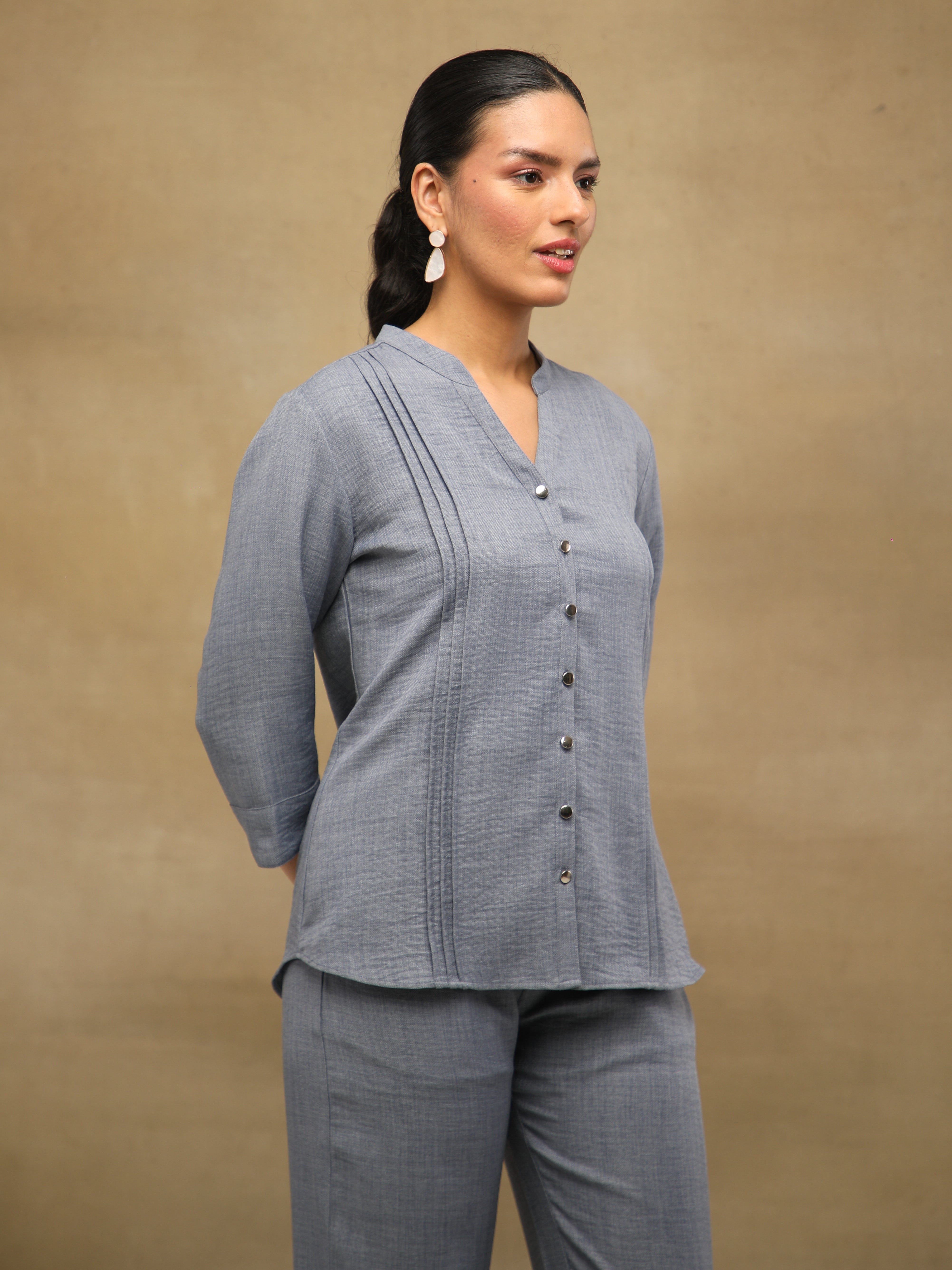 Melange Linen Triple Pintuck Grey Co-ord Set