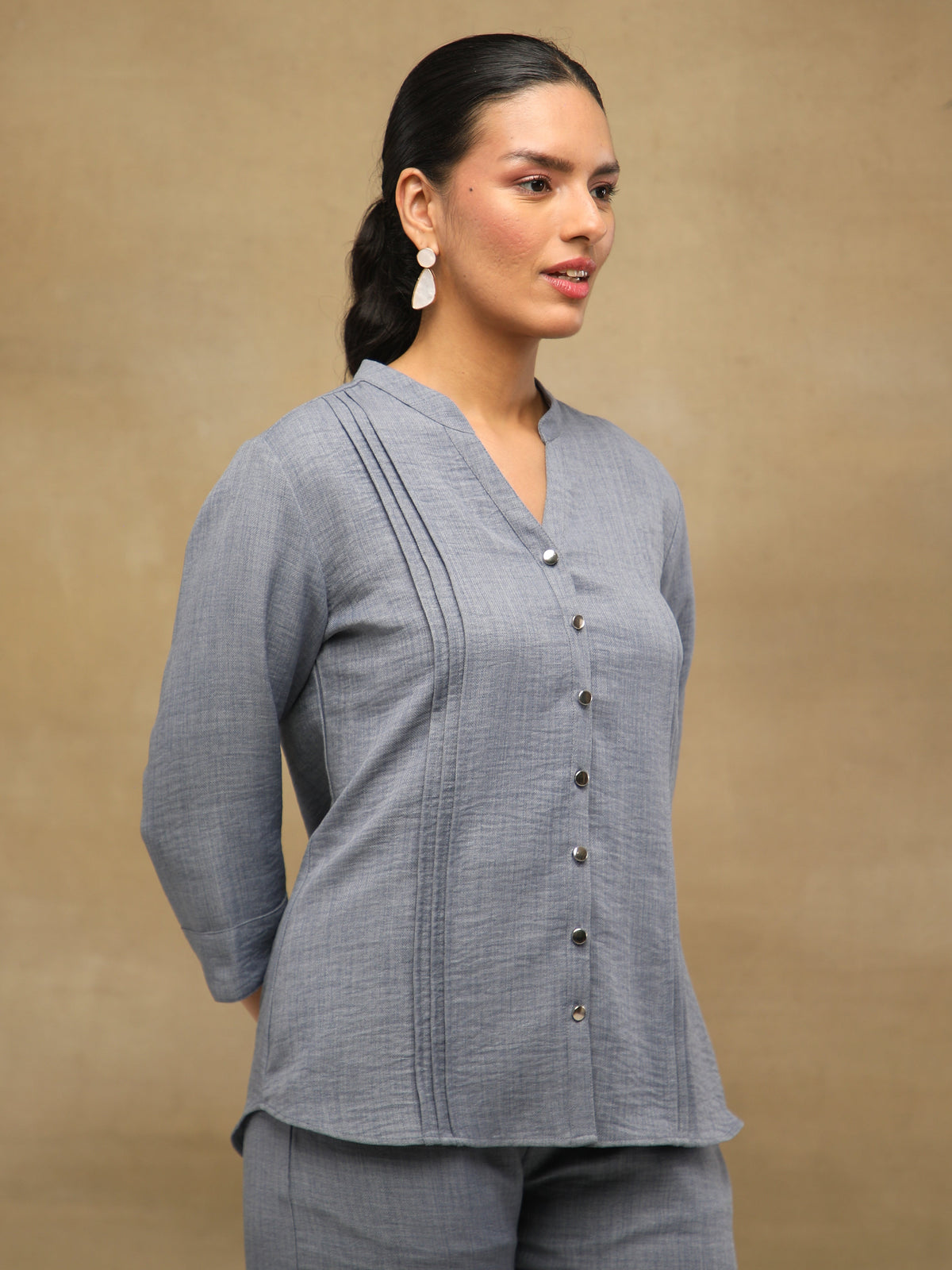 Melange Linen Triple Pintuck Grey Shirt