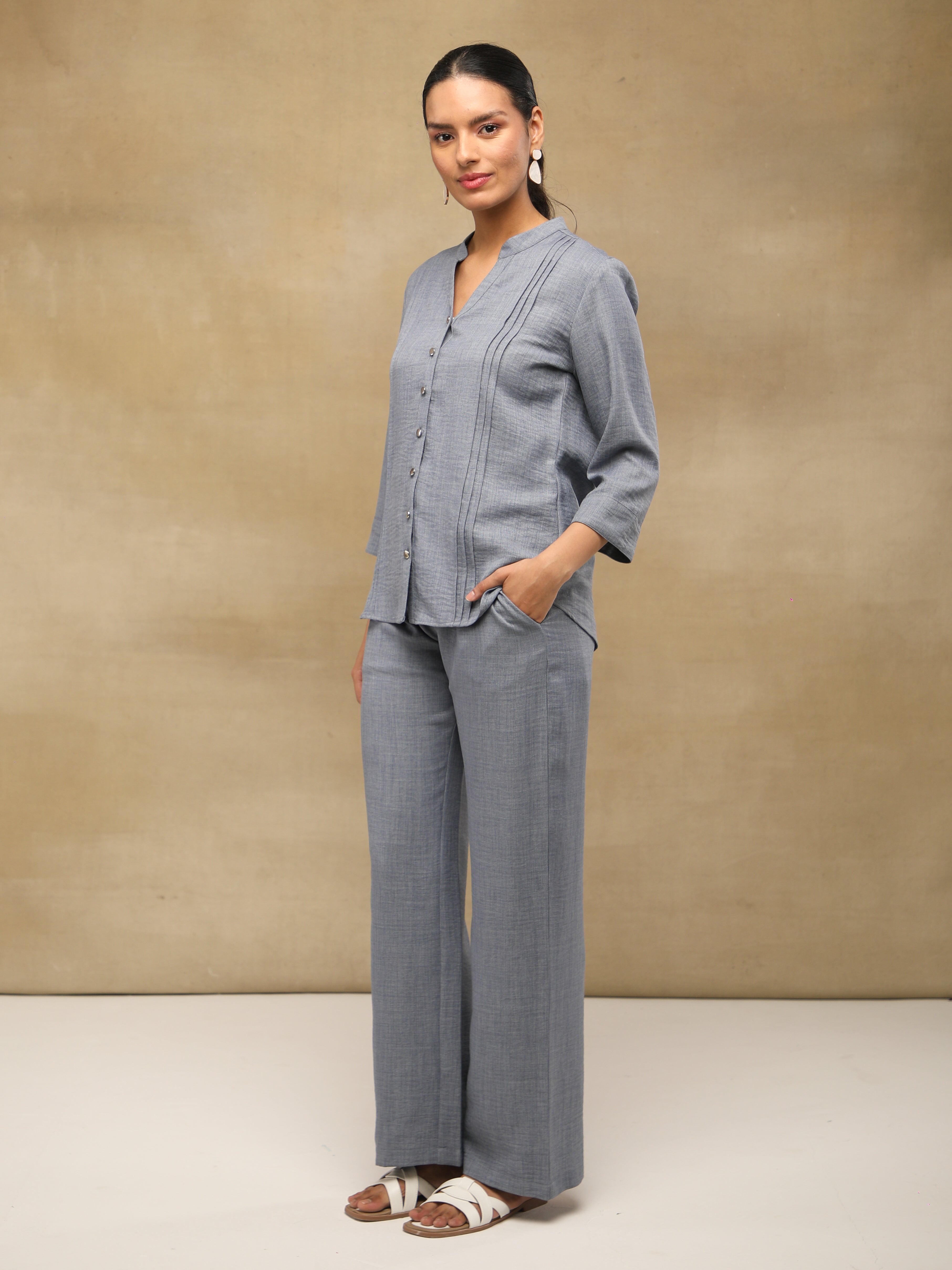 Melange Linen Triple Pintuck Grey Shirt