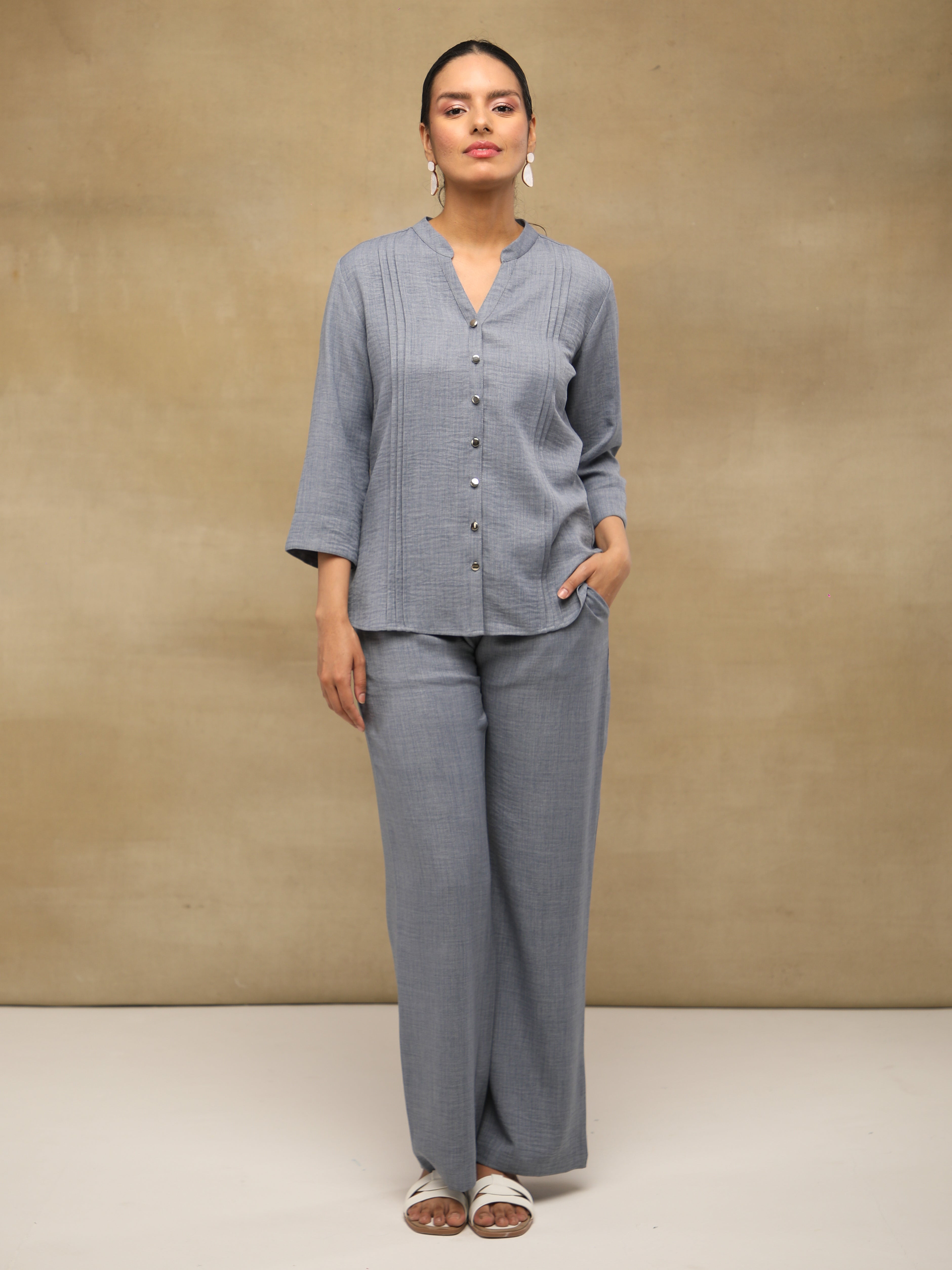Melange Linen Triple Pintuck Grey Co-ord Set
