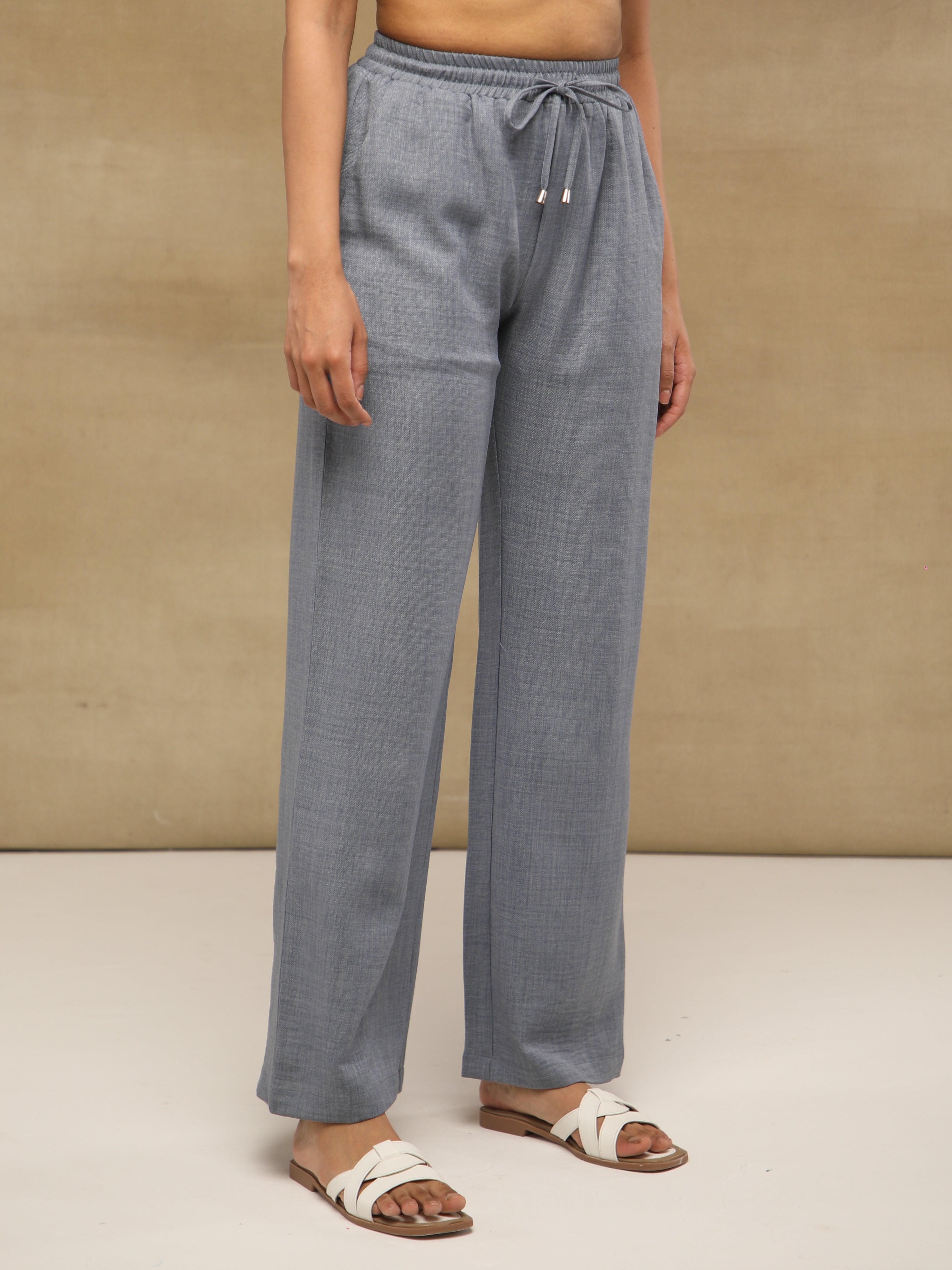 Grey Drawstring Melange Linen Pants