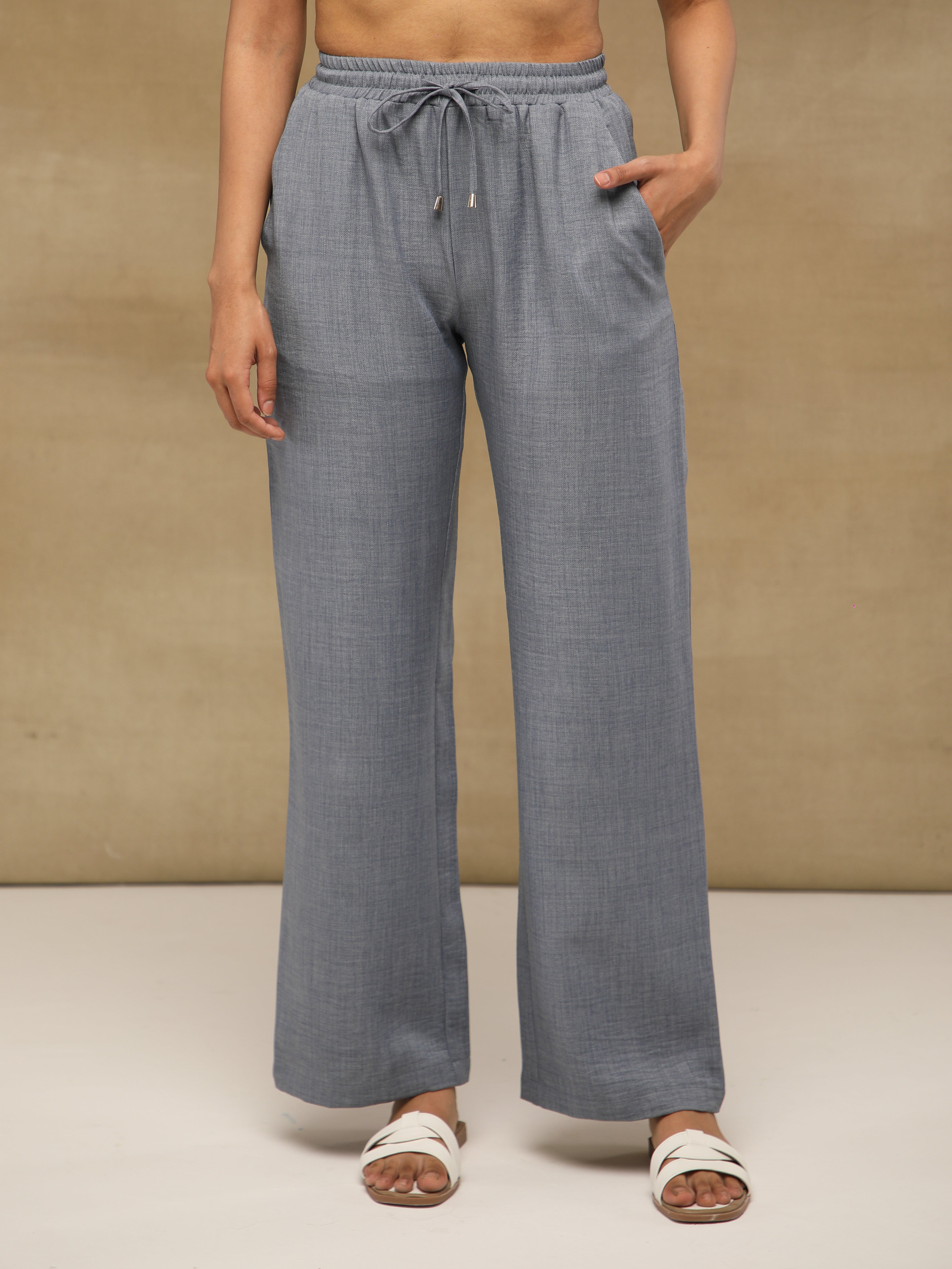 Grey Drawstring Melange Linen Pants