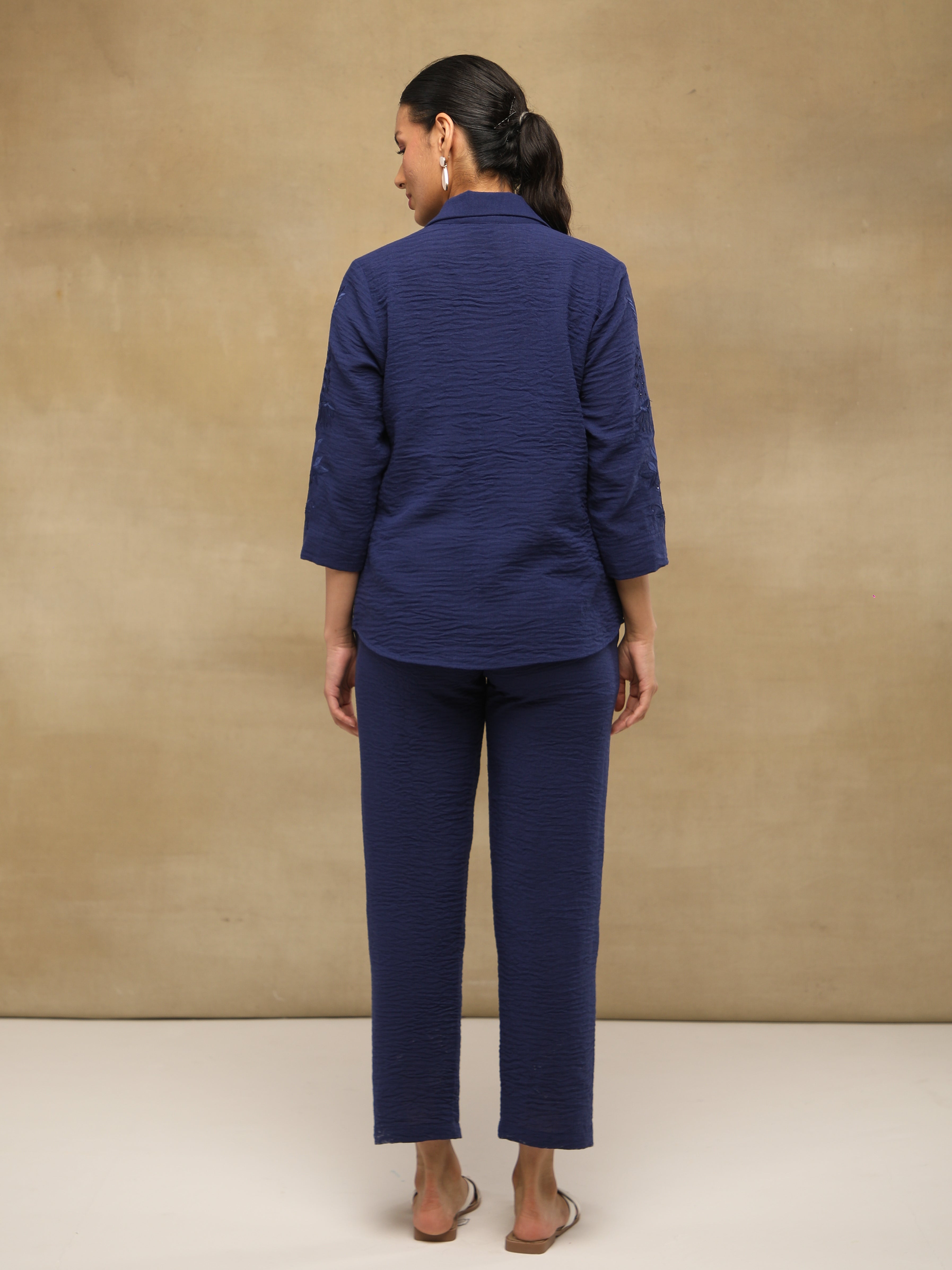 Navy Crushed Linen Embroidered Shirt