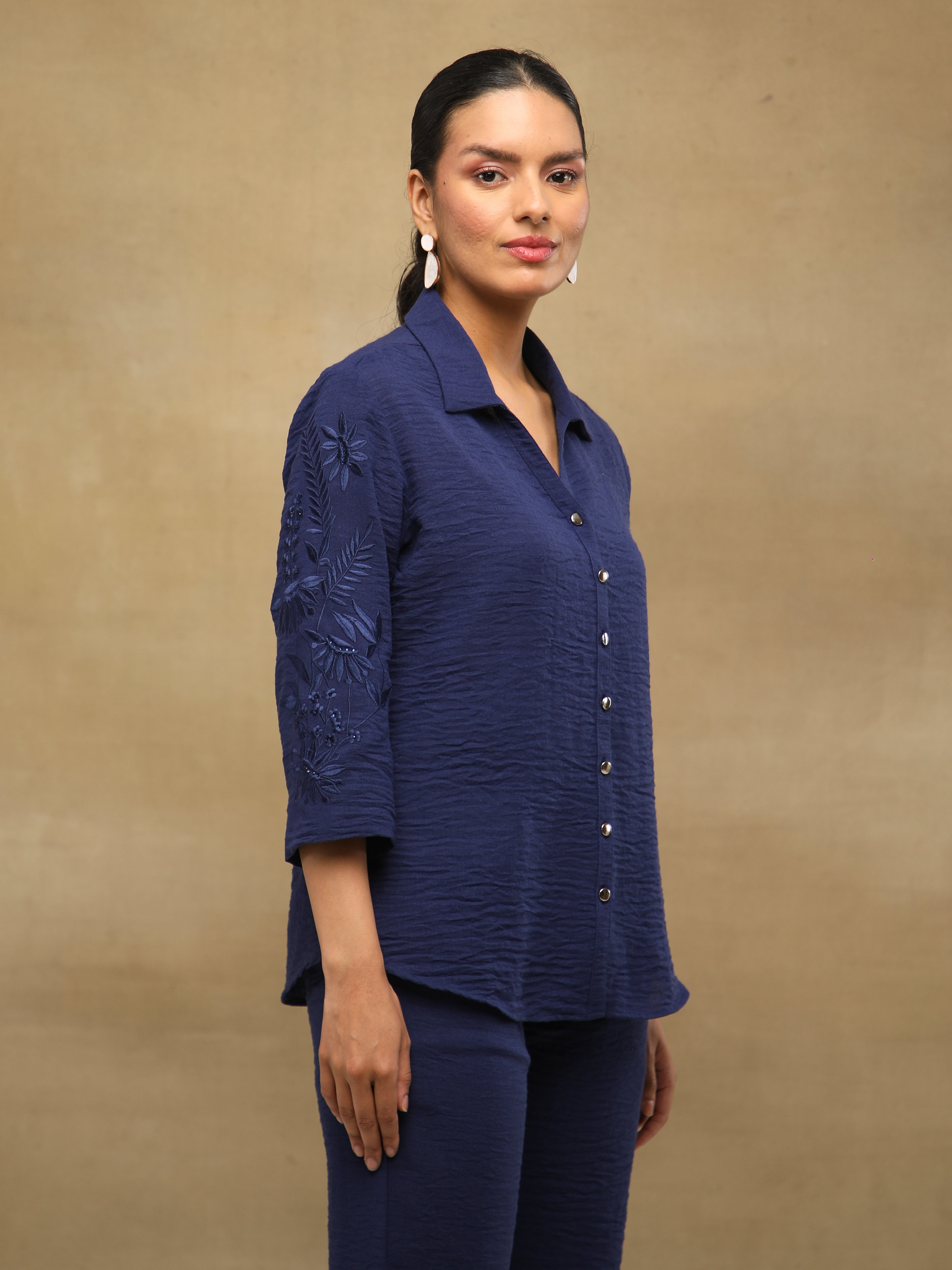 Navy Crushed Linen Embroidered Shirt