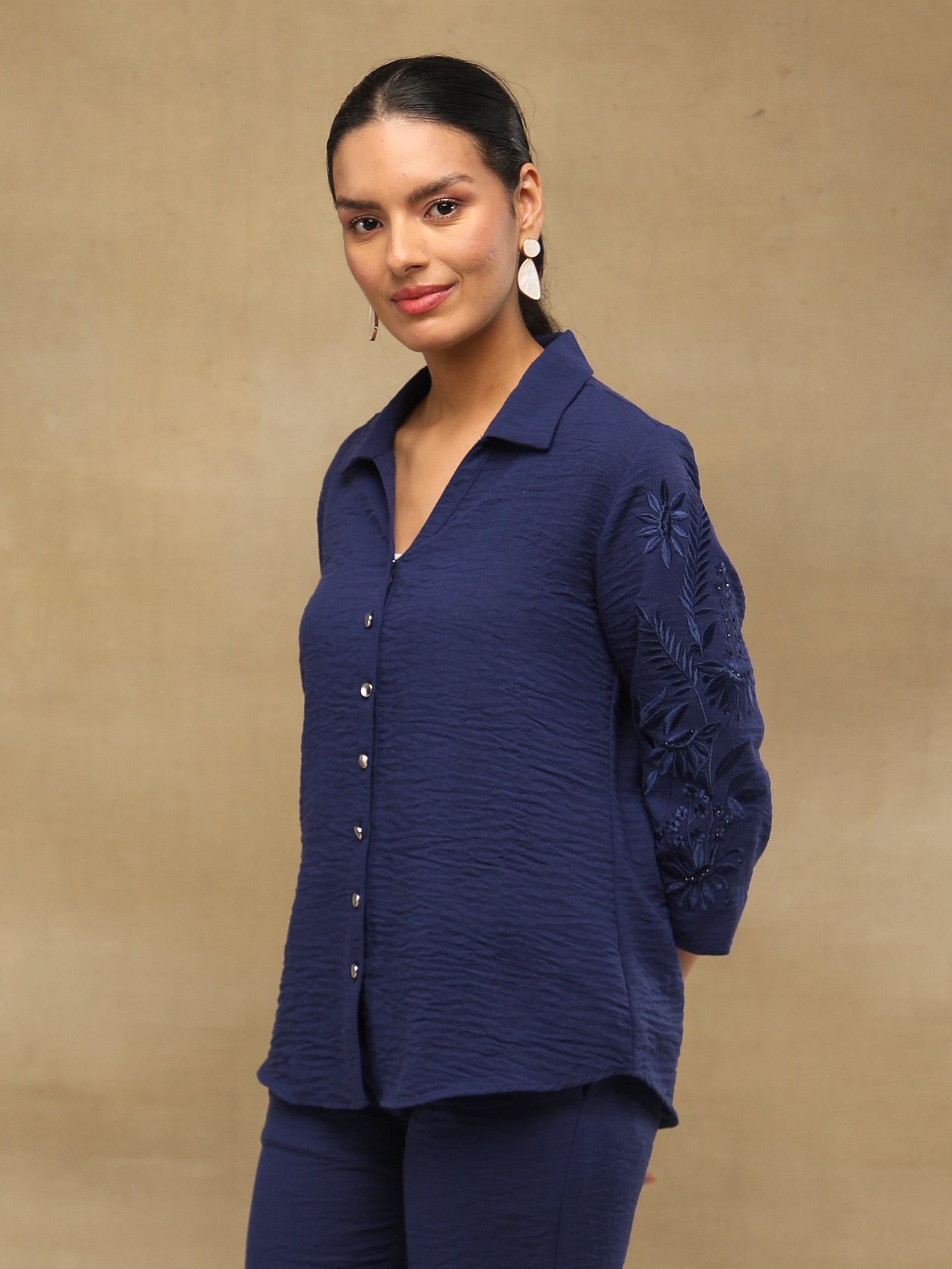 Navy Airflow Crepe Embroidered Shirt