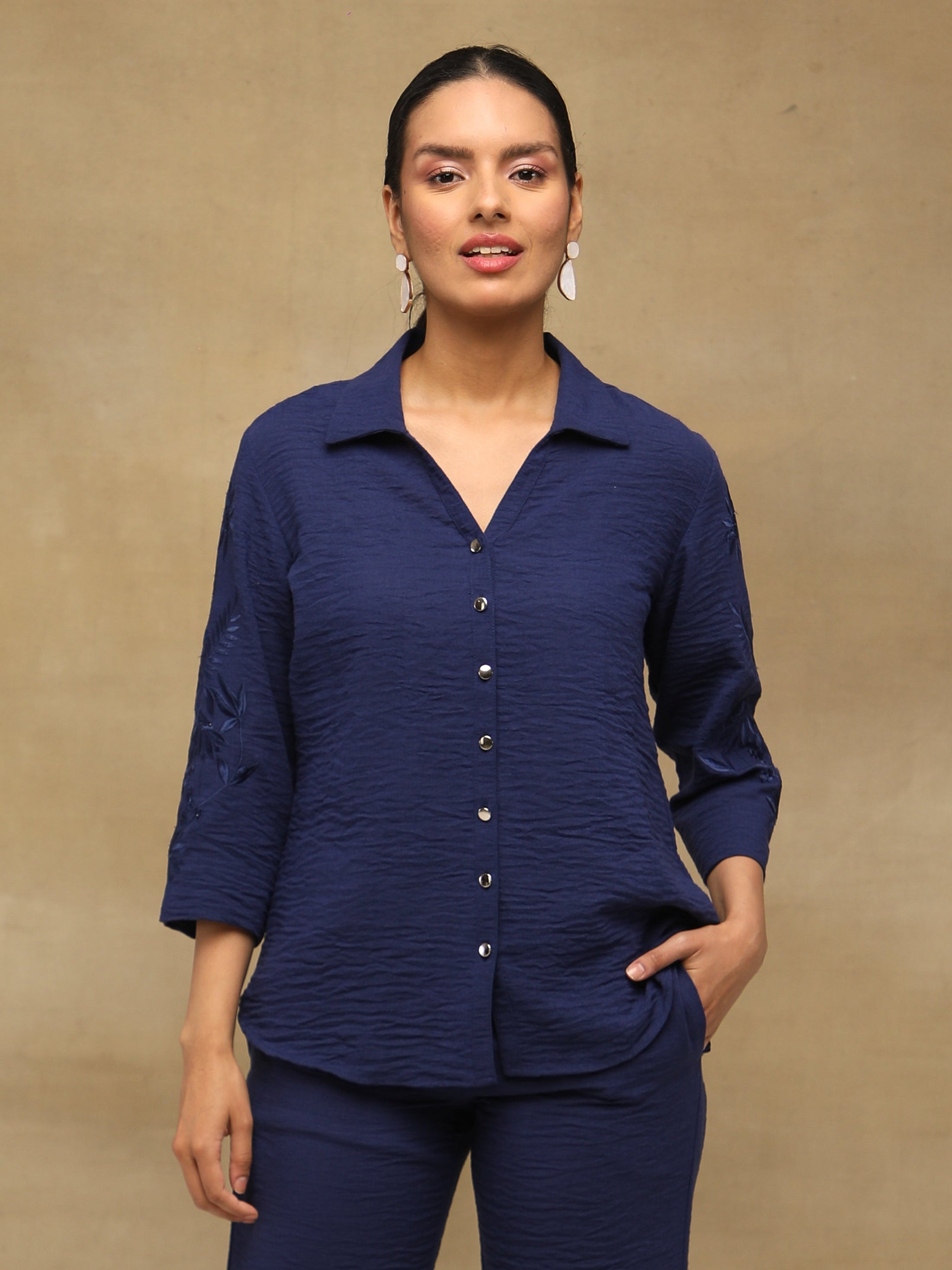 Navy Airflow Crepe Embroidered Shirt