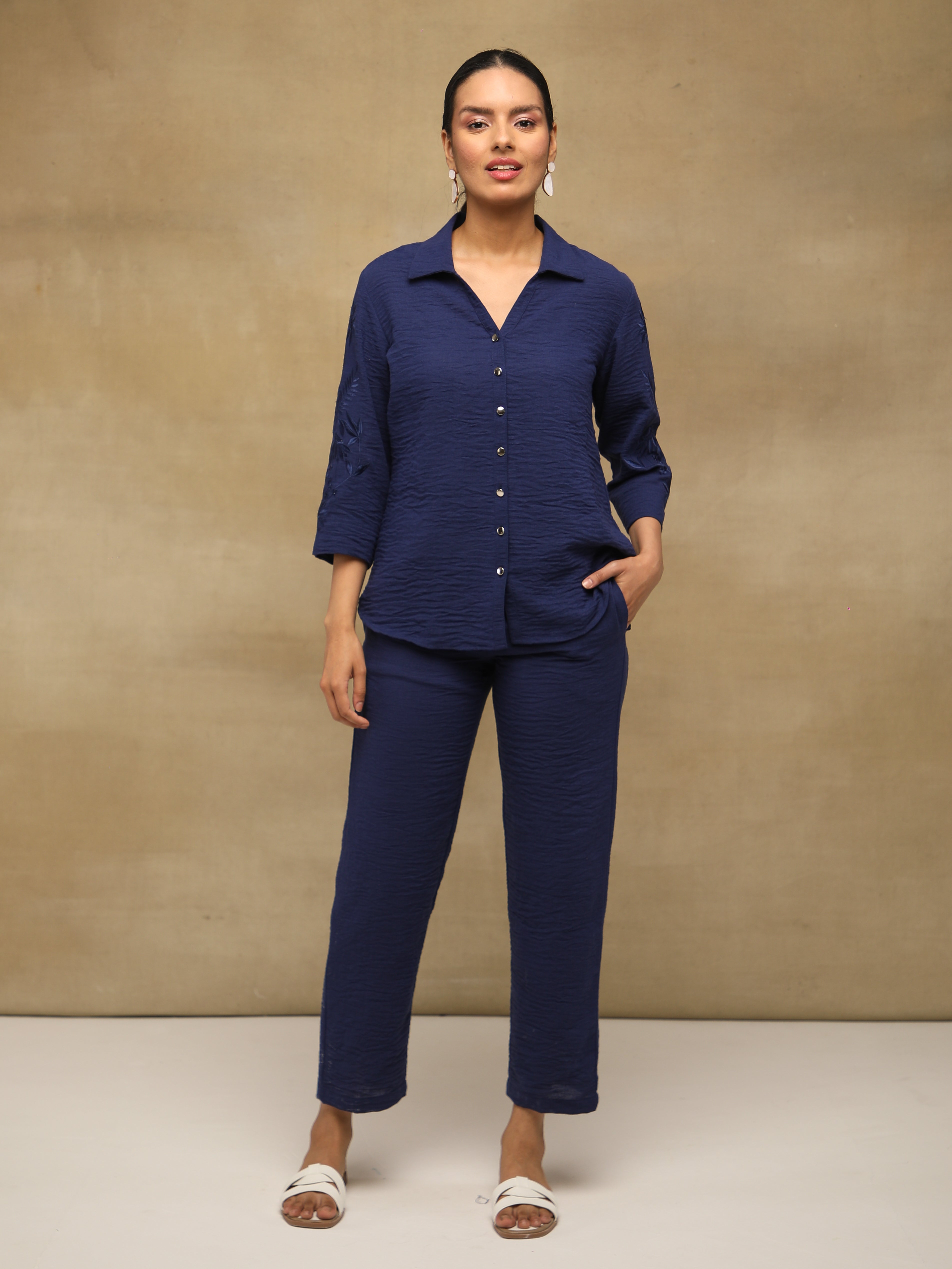 Navy Crushed Linen Embroidered Shirt