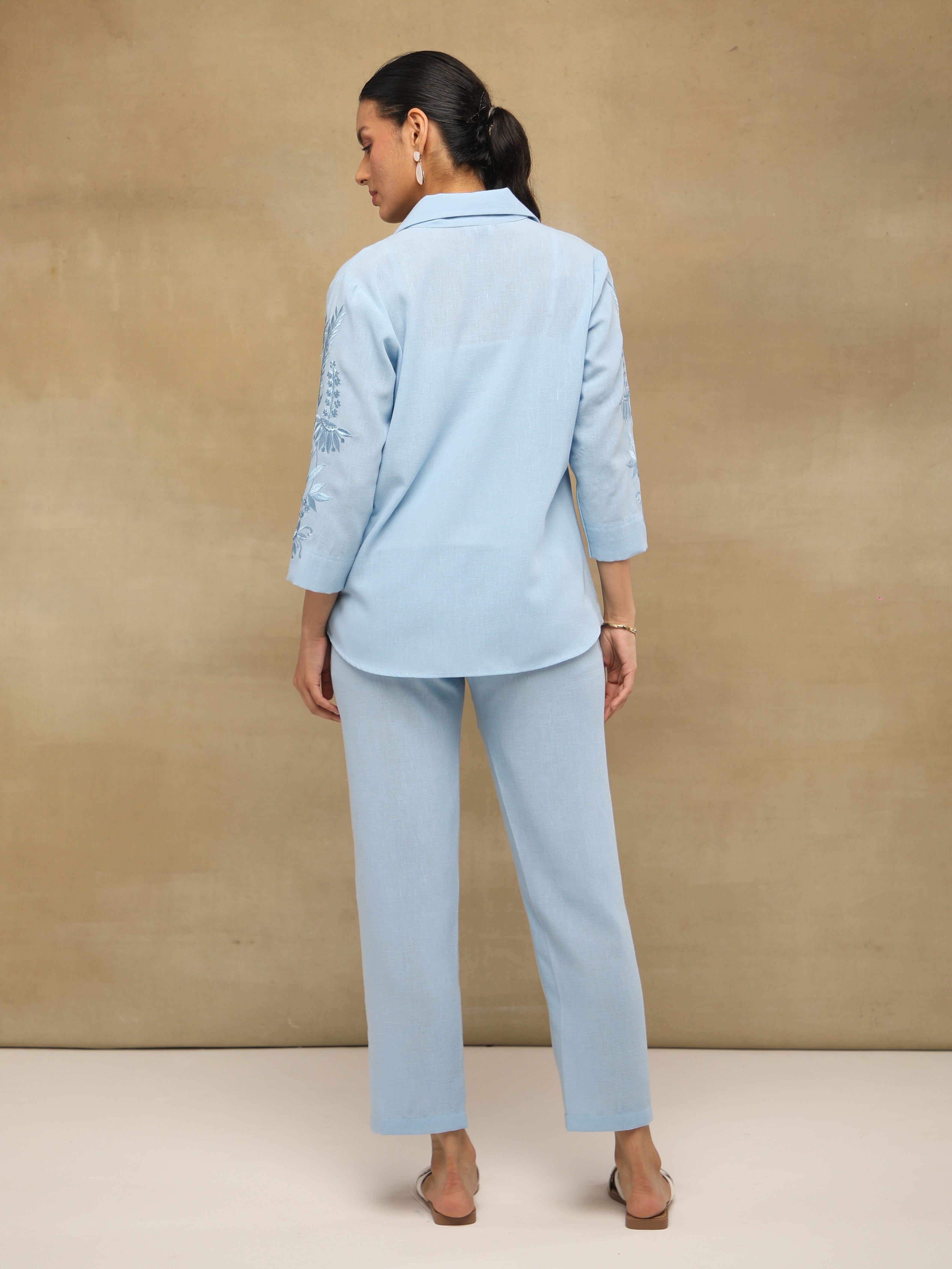 Powder Blue Crushed Linen Embroidered Shirt