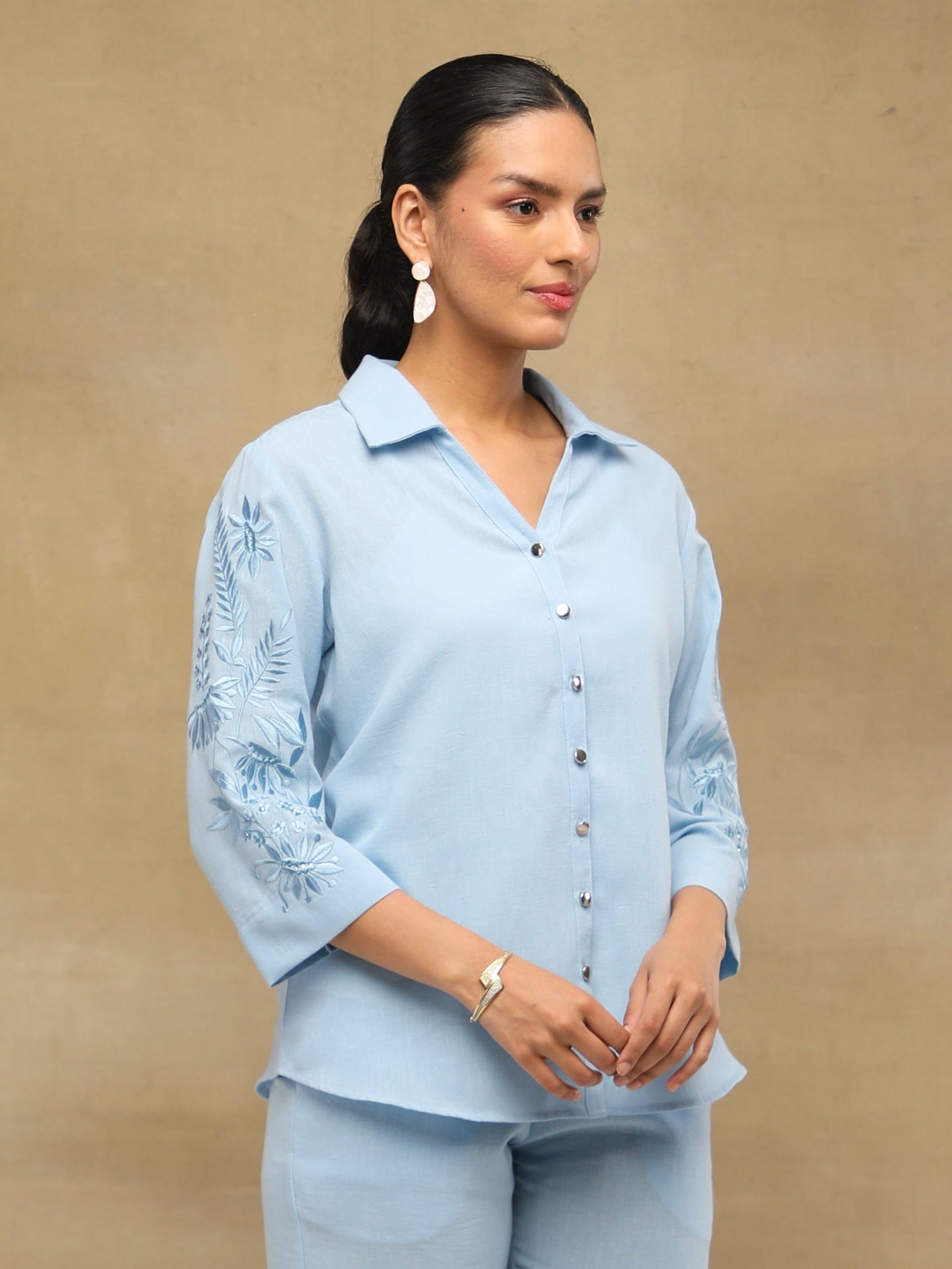 Powder Blue Linen Embroidered Shirt